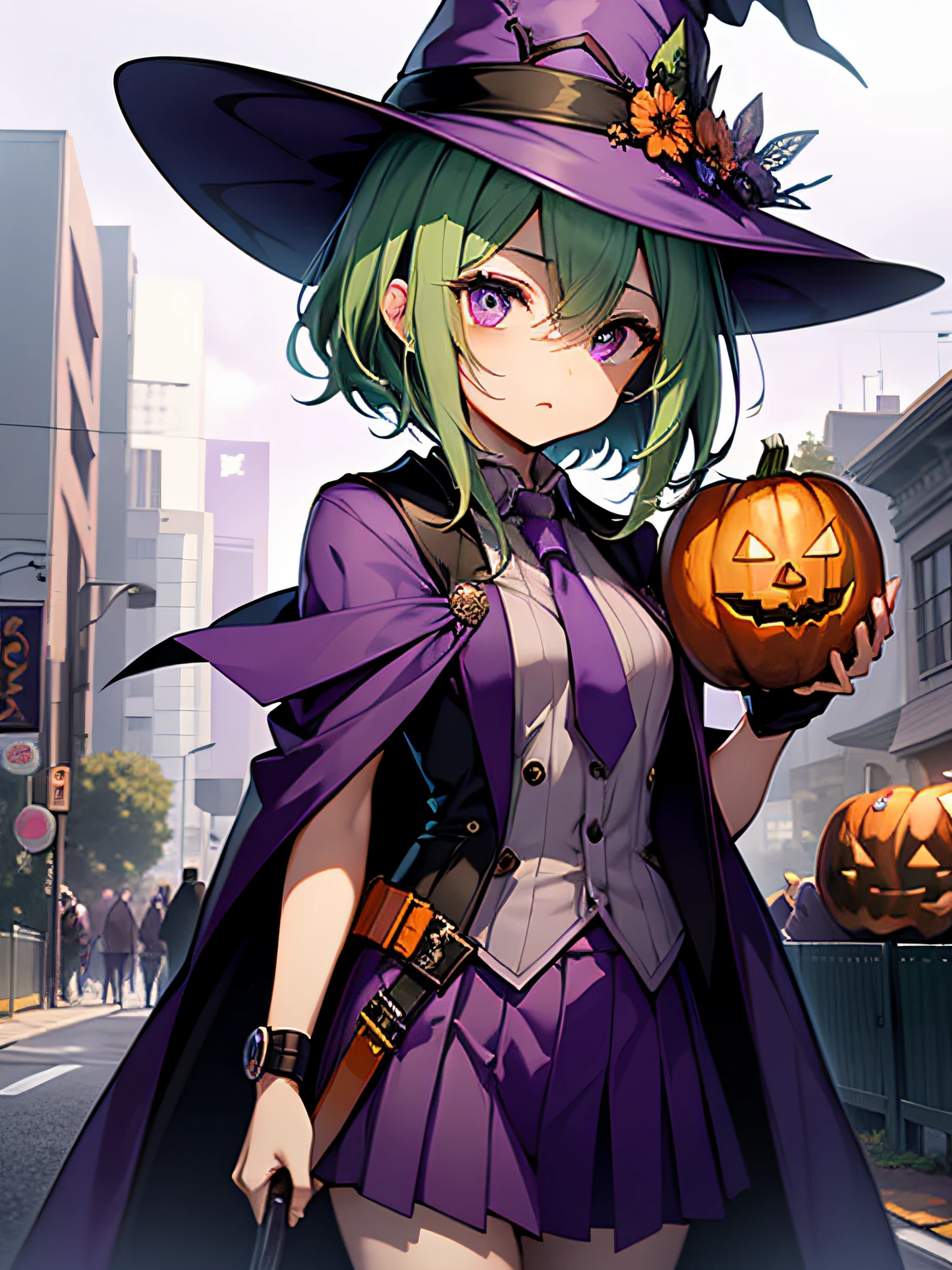 top-quality、extremely delicate and beautiful、(A age girl)、Purple Eye、Green hair、short-haired、(purple witch hat)、Purple tie、Tactical Vest、Soio、shortsleeves、Purple skirt、Purple Wizard Robe、Navel、is standing、Facing the front、Holding a pumpkin in one hand、((Halloween Backgrounds))