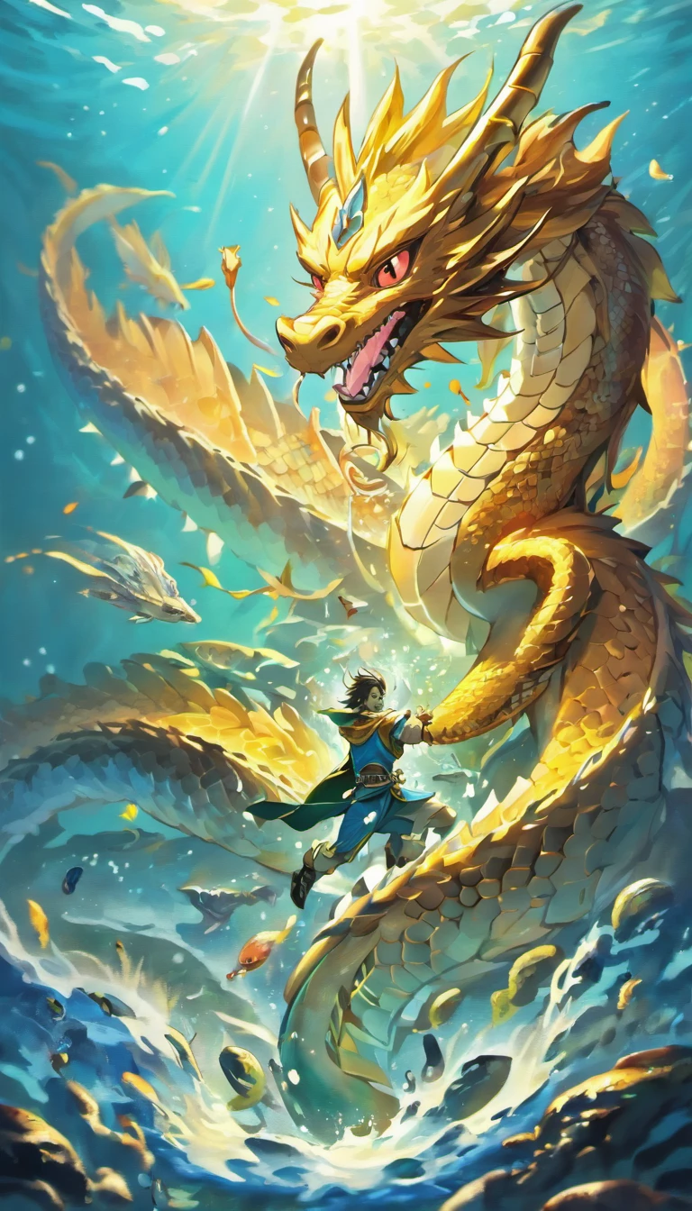 High quality, masutepiece, (Realistic, Photorealsitic:1.2) ,High Definition, ultra-detailliert, Raw photo, Chinese mythology, Tokai Dragon King, An majestic, Powerful, (Ancient gods々:1.3), (Serpentine:1.2), (Beard and mustache:0.8), (whiskers:0.9), (huge size:1.5), scales, Vibrant colors, Sparkling water, (the reef:1.1), (Golden crown:1.2), (Dragon-shaped throne:1.4), (flowing robe:1.1), (Dragon-shaped beard ornament:1.3), (emerald eyes:1.2), (pearls necklace:1.2), (Golden Trident:1.4), (Levitating:1.1), (clouds on the sky:1.3), (Sparkling dazzling lighting:1.2), (Crashing waves:1.3), (A palace full of treasures:1.5), (School of colorful fish:1.2), (an underwater city:1.4), magnifica, Mythical, Magnificent, Extensive and detailed, Stand apart, Traditional Chinese architecture.