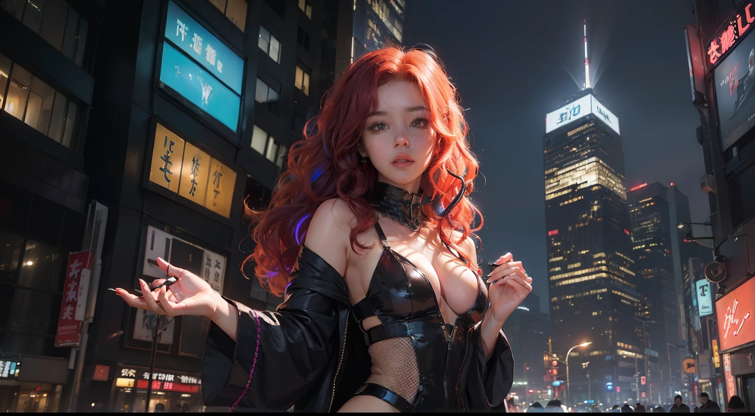 (realisitic,Photorealsitic:1.4),(1 Beauty:1.3),(beautiful countenance:1.5),Detailed shiny skin,A detailed eye,Precise hands and fingers,8K HDR, , masterpiece, (Dynamic angle footage),电影灯光, Finely drawn backgrounds,accurate fingers,(Tokyo at night,colorful neon,Multi-colored lighting,Sci-fi cityscape,Skyscrapers:1.3),Beautiful Egyptians,Knitted clothes,red hairs,Curly hair,Inside the building,Have a good rest,Smaller chest,Very toned waist