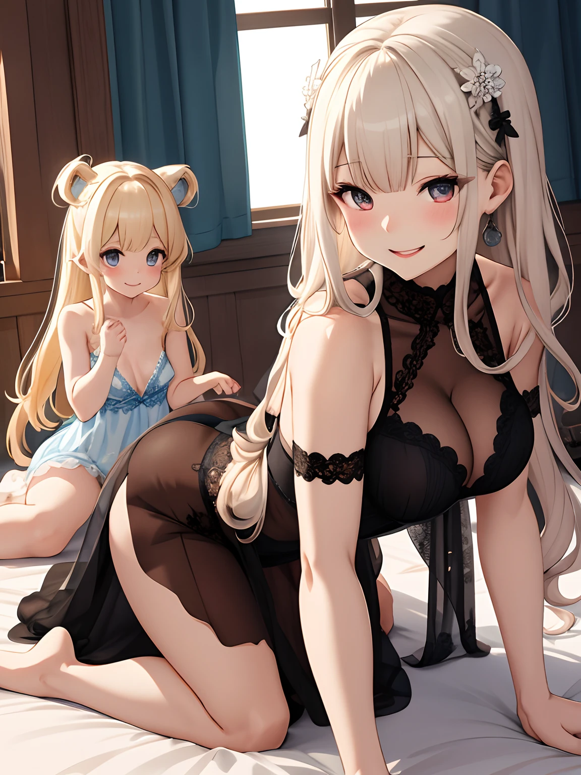 top-quality、realisticlying、Two , a mother and a toddler、rge full breasts、Sheer costumes、skirts that are too short、Not wearing underwear、A smile、big eye、long lashes、Long upper eyelashes、platinum-blonde、cute little、Beautie、A sexy、darkened room、full body Esbian、submissive look、Submissive smile、Flushed cheeks、Kamimei、Big buttocks、thin-waist、Stick your butt out on all fours、Sleeveless、cleavage of the breast、visible from the side、Sexy armpits、Voluptuous thighs、Enraptured look