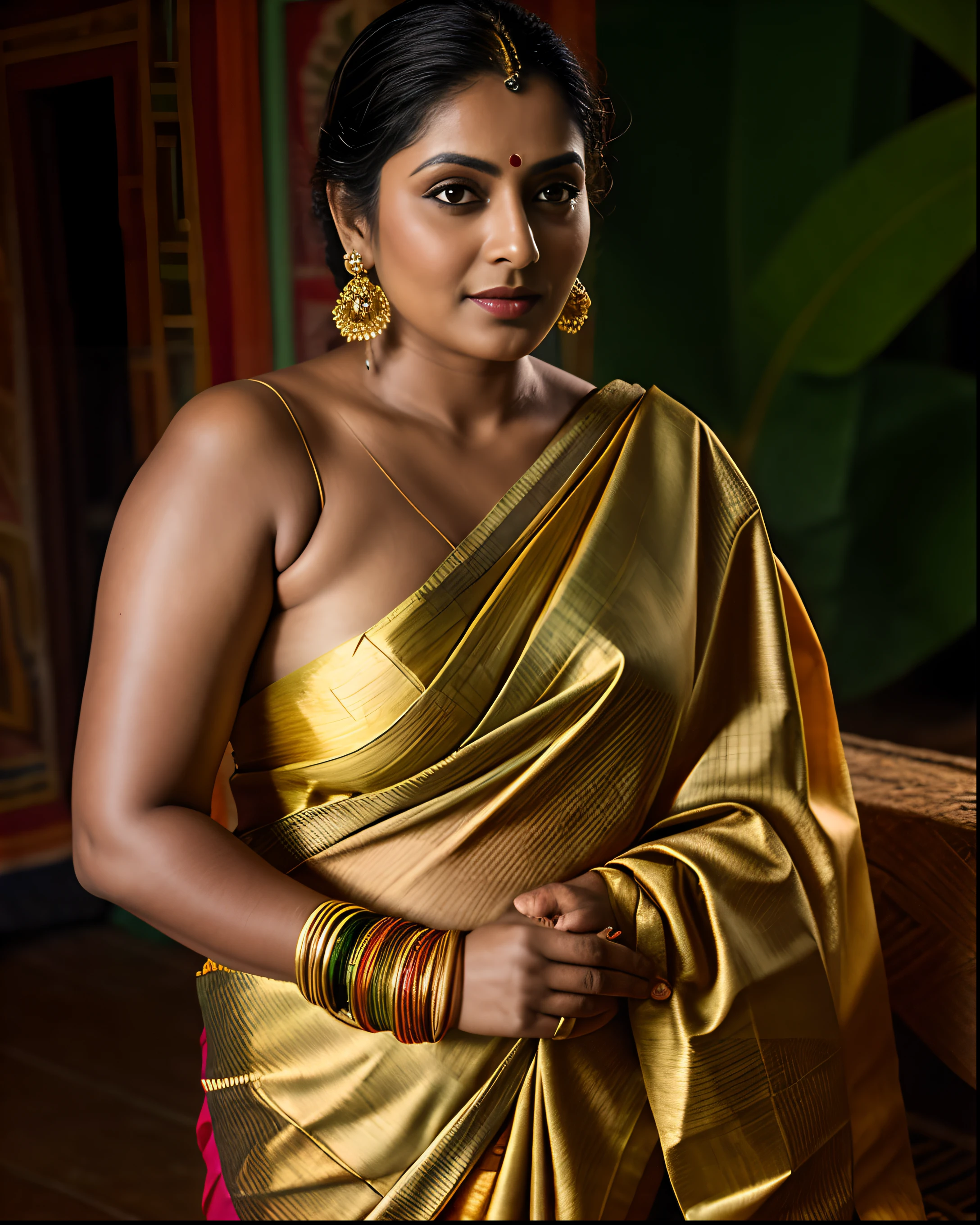 Foto RAW, photorealistic, photography, full body shot, master shot, Saree model, model Photography, Indian saree shoot, village woman, sensual lust, sensual beauty, erotic photoshoot, bengali village woman, bengali housewife, bhabhi, aunty, bong girl, village sari, village girl, village Sari style, vintage Indian Village Style sari draping , retro village wear, village style, no blouse saree, no blouse can be seen, traditional wear advertising photography, traditional wear brand shoot, face of Indian actress Drashti Dhami, masterpiece, realistic, realism, photorealism, high contrast, photorealistic Artstation 8k HD digital art trend of high definition and detailed realistic skin texture, ultra detail, realistic skin texture, armature, best quality, ultra high definition, (photorealistic:1.4),, high resolution, detail, raw photo, Re sharp, by Lee Jefferies Nikon D850 Film Stock Photo 4 Kodak Portra 400 Camera F1.6 Lens Rich Color Ultra Real Realistic Realistic Textures Dramatic Lighting Unreal Engine Trending at Art Station Cinestill 800,(pele altamente detalhada: 1.2), 8k UHD, DSLR, soft-lighting, alta qualidade, grain of film, Fujifilm XT3