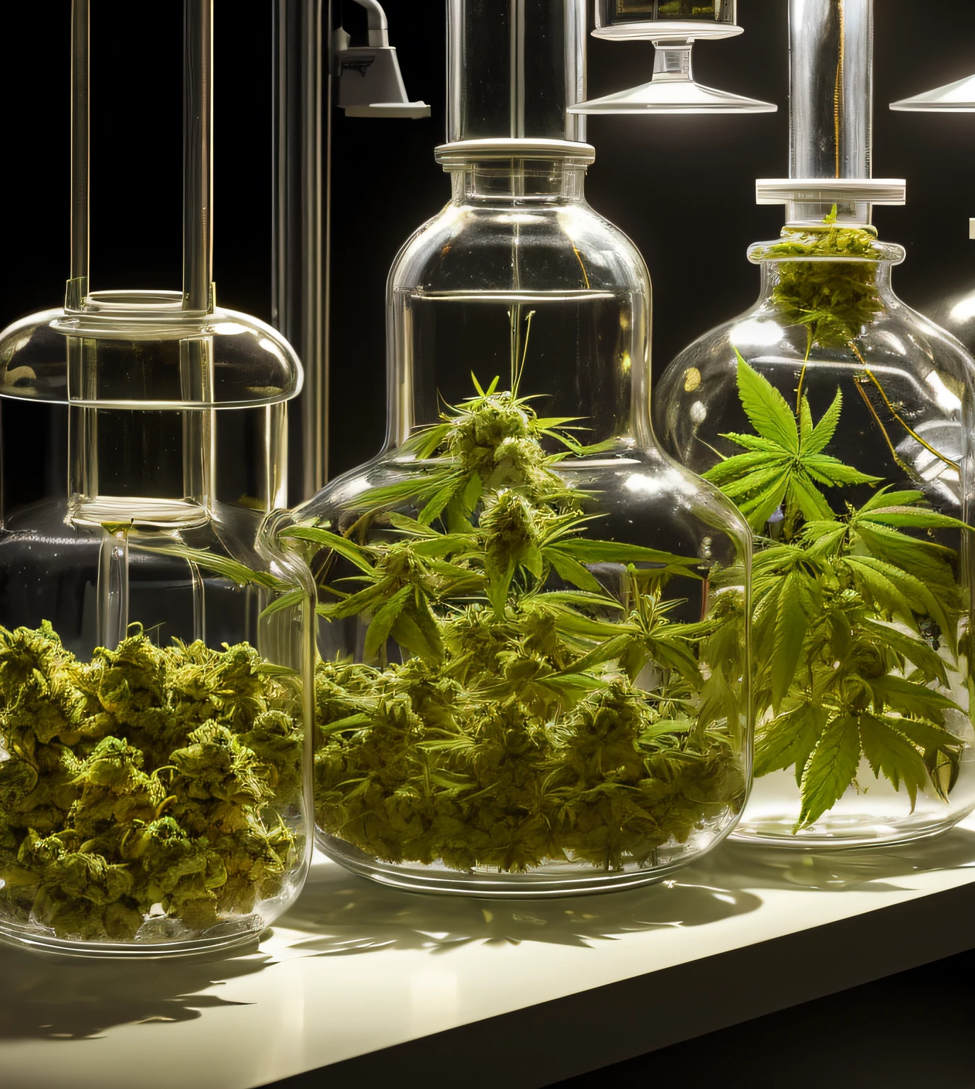 Modern laboratory , Production of cannabis visible through glass containers in a well-lit environment, Create visually stunning scenes that embody the beauty of cannabis in a sterile, unforgettable way. Pay special attention to composition and perspective, Allow viewers to immerse themselves in the scene. Use something warm, (detailed light、detailed shadow)、laboratory、interiors、tech、ighly detailed