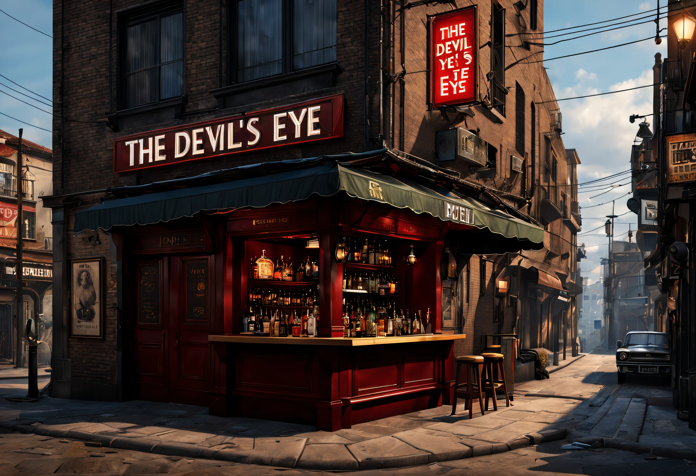 (best quality, 4k, 8k, high resolution, masterpiece: 1.2), ultra detailed, (realistic, photorealistic, photorealistic: 1.37),"a bar at the foot of a lonely street, on top of the roof there is a bright sign that says "the devil's eye"