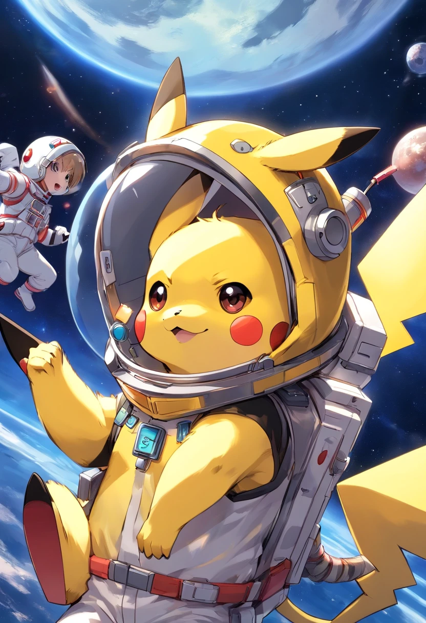 Playful cute Pikachu in astronaut clothes,Liveliness and agility,yellow and soft hair,red blush,Size, twinkle eyes,Cute pointed ears。(Pikachu:1.5)