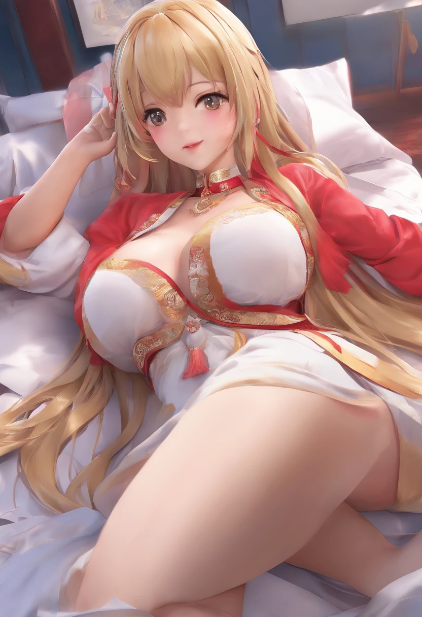 artoria,chinese clothes,Non-NSWF,a blond,masterpiece of best quality, 1girl in, 独奏, looking at the viewers, a navel,super gigantic breast,very large breast,ultra gigantic tits, cleavage of the breast, red blush ,1 girl, Large breasts, cleavage, Facing the audience, Very big, (Large valleys), (large sagging breasts), in hotel, Sexy, Glamorous, Body wet with white liquid, Lying in bed,Lying on her back,Angle from above,Shooting from above,