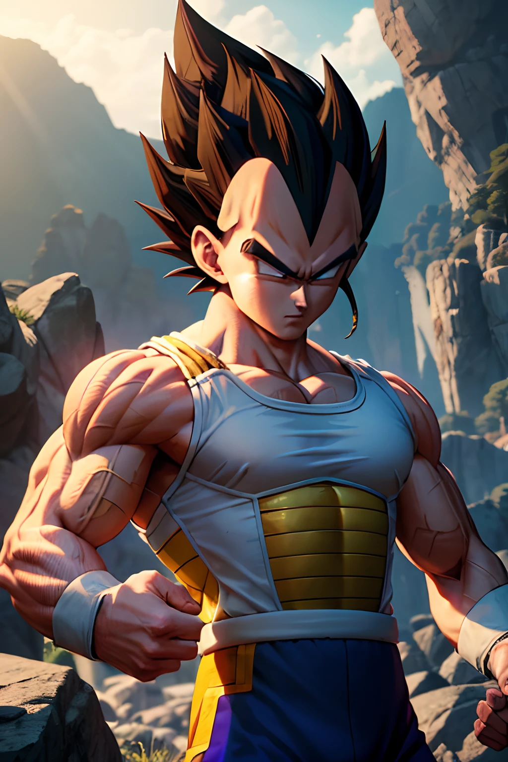 vegeta,focusing ki,mediating,rugged training ground,soft lighting,high quality, film grain, professional energy flowing around him Broly, now more refined and skilled, nodded in gratitude. "Thank you, Vegeta. I've learned a lot from you, and I've become a better fighter because of our training."