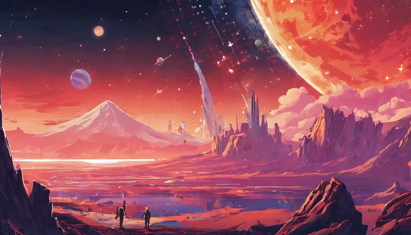 Poster design,Rocket launch scene,Starry sky planets added to background,Use the printmaking style,4k,exquisitedetails, Landscape