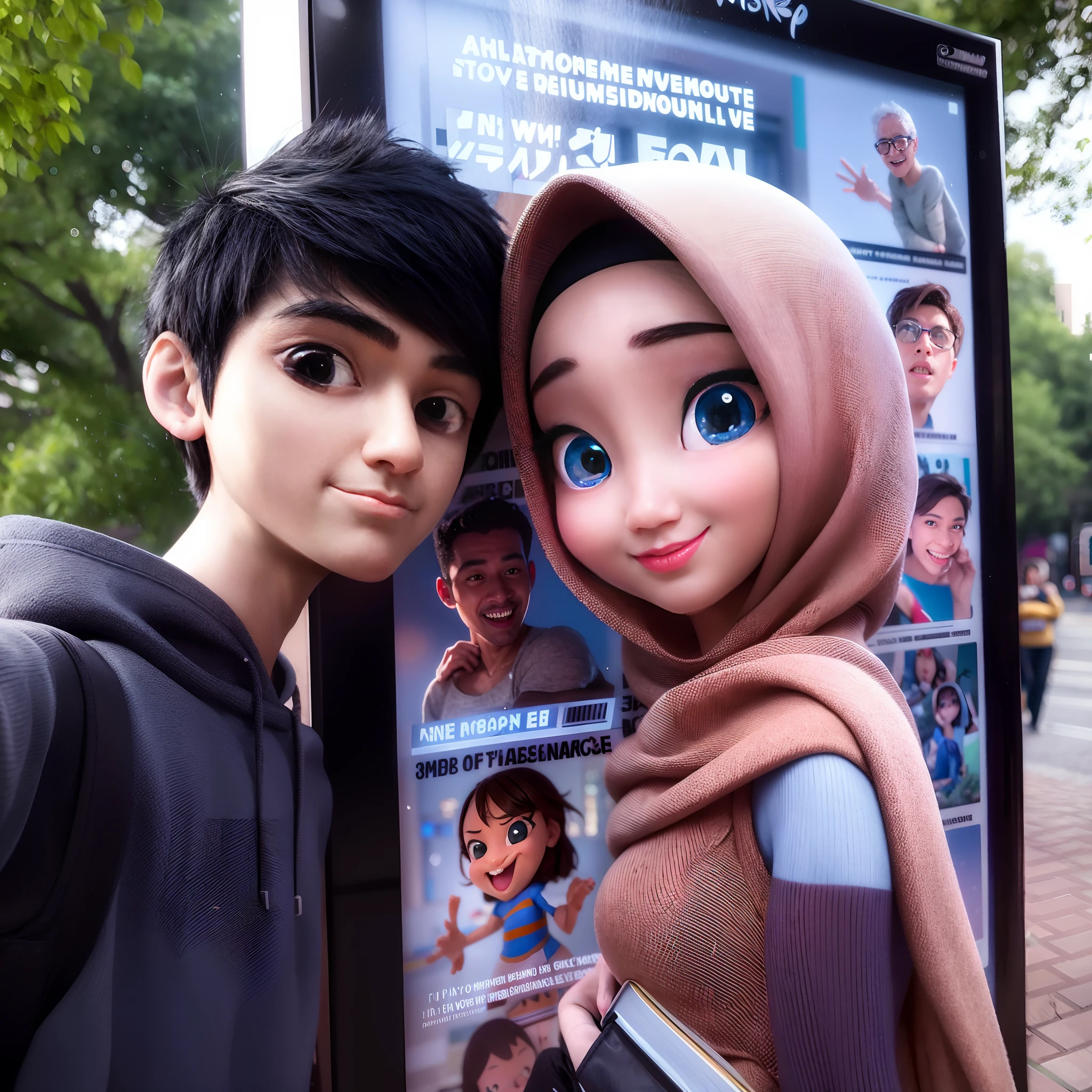 there are two people standing next to a poster on the street, couple, lovely couple, in love selfie, couple pose, 3 d cartoon, cute cartoon, animated movie, pixar and ilya kuvshinov, animated film, hijab, in love, photorealistic disney, selfie!!!!!, realistic cartoon, happy couple, perfect expression, realistic!!, a picture