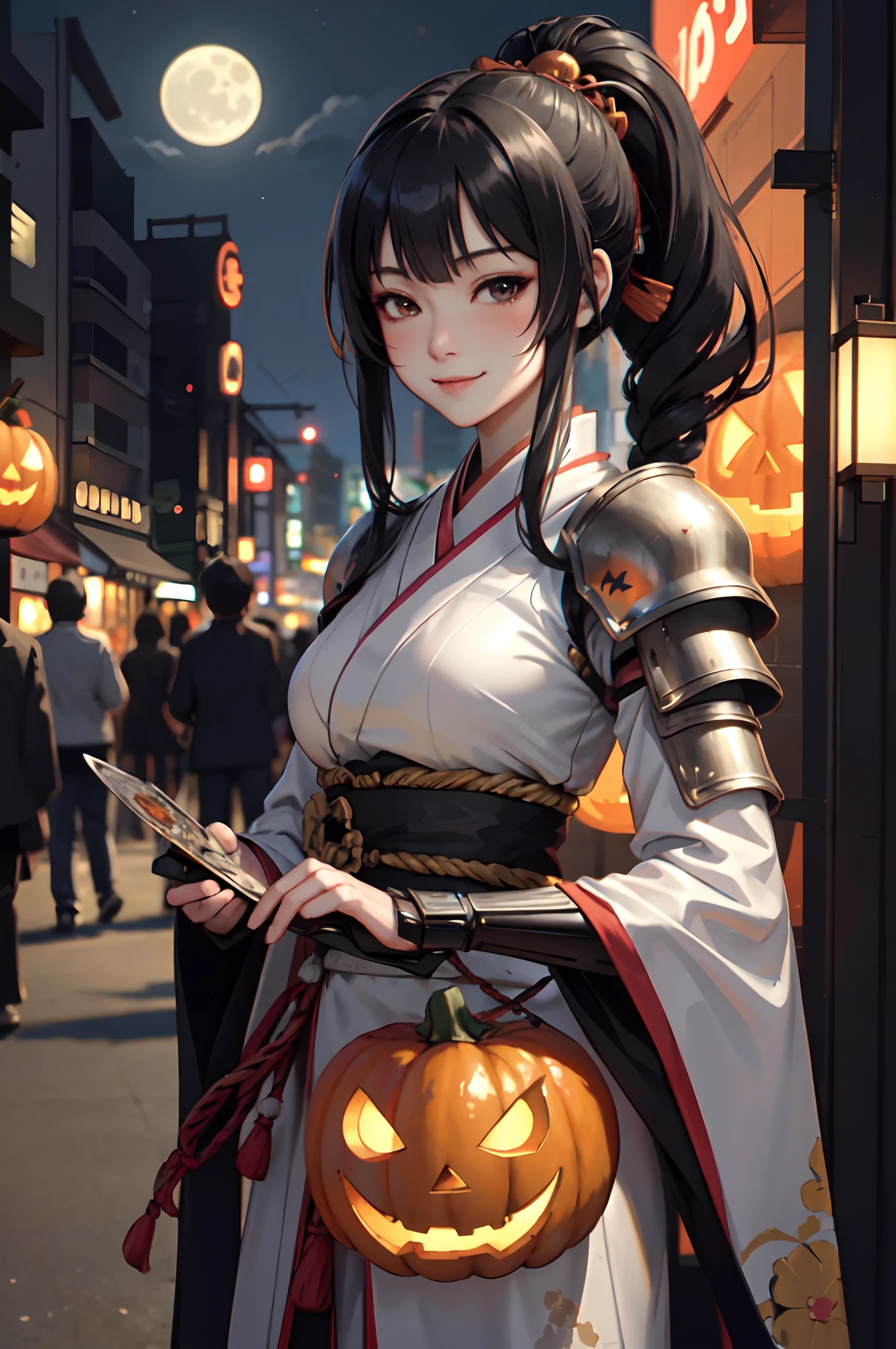 1lady standing, /(Japanese warrior samurai costume/) armor, mature female, /(black hair/) bangs, blush kind smile, (masterpiece best quality:1.3) delicate illustration ultra-detailed, large breasts BREAK /(streets of Shibuya/) outdoors, jack-o'-lantern Halloween parade, crowded audience, night /(small moon/)