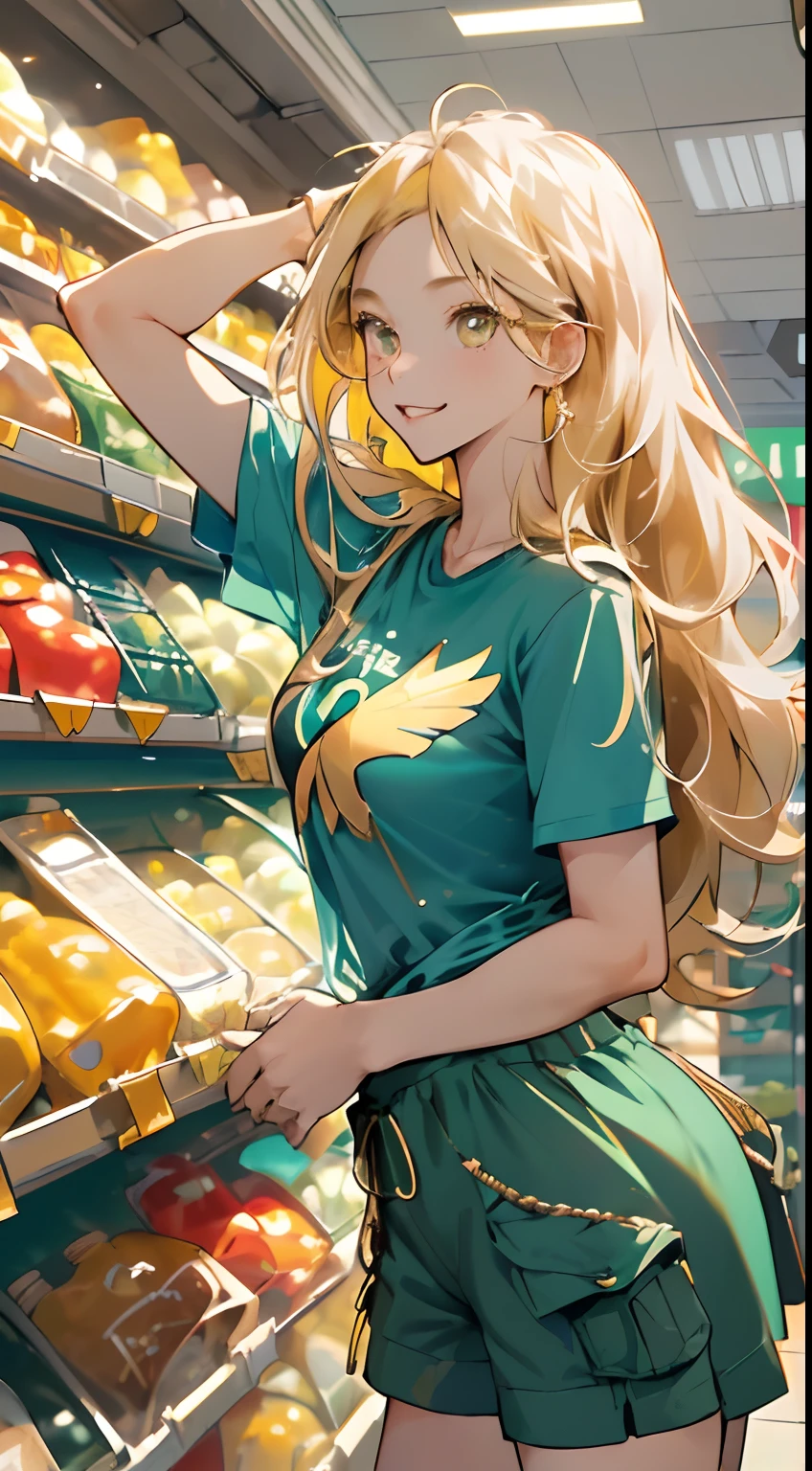 highres, ultra detailed, 1girl, solo, extremely detailed eyes, (Gold colored hair:1.5) ,long hair, (straight waist-length gold colored hair:1.5) ,(Anti-flash white-colored eyes:1.5) , ulzzang , she is wearing a (( Celeste colored Solid Color Overszie T-shirt :1.5)) ,((Teal colored Loosr Cargo Short:1.5)) ,simple streetwear , she wearing a Rich Black colored Gothic ta Boots , focusing on the face , (supermarket background:1.5) ,(( crowd)) ,look at viewer ,focus emotion , excited emotion , cute pose , close up view , cowboy shot , happy emotion , joyful emotion , ((choose goods)) , supermarket stalls , supermarket refrigerator