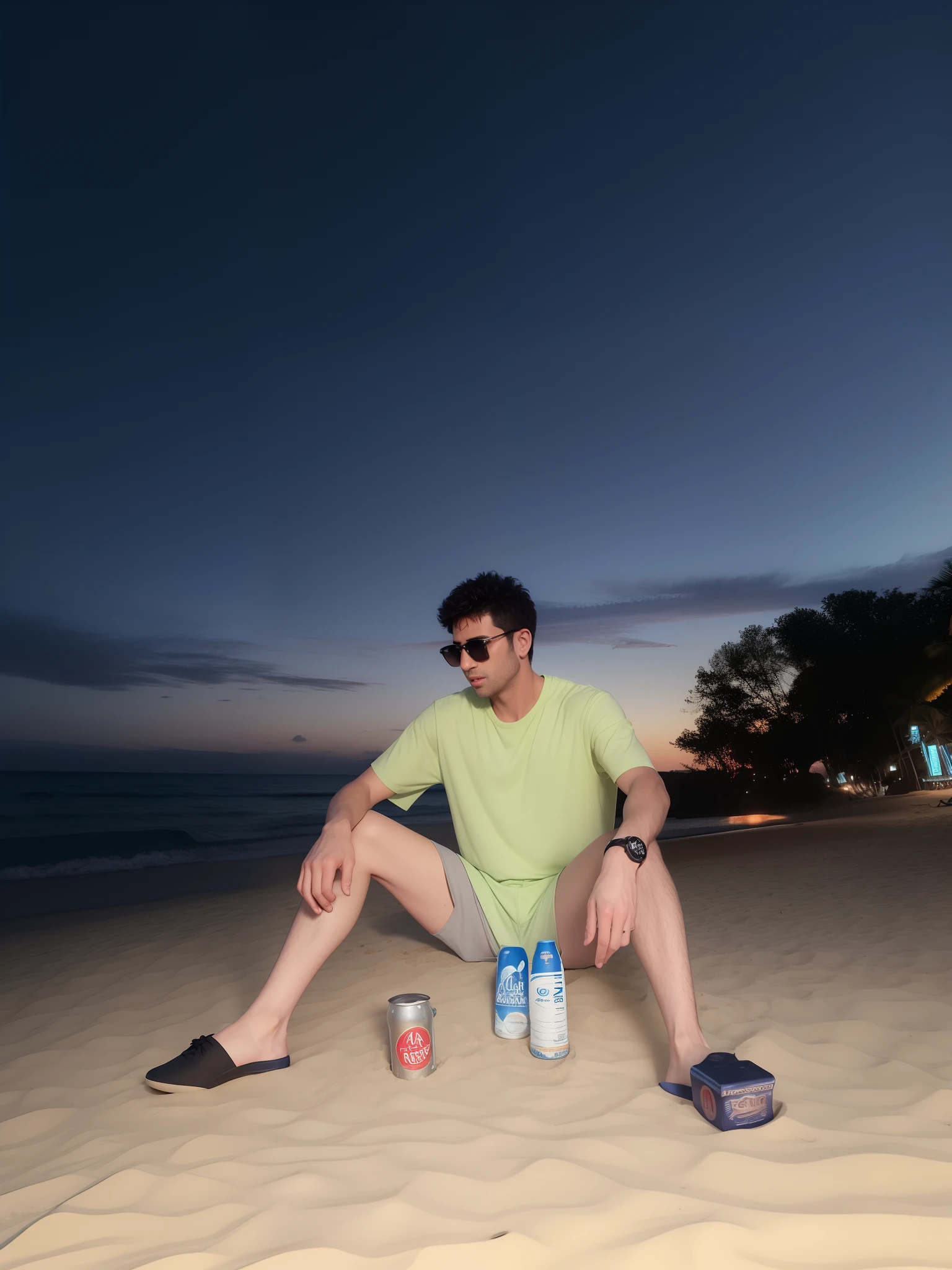 3d animation of arafed man sitting on the beach with beer bottles and cans, at sunset, on the beach at sunset, with sunset, on the beach at sunset, sitting on the beach at night, on the beach at sunset, sitting on the beach, sitting by the beach, at a beautiful sunset, on the beach at sunset, at sunset with