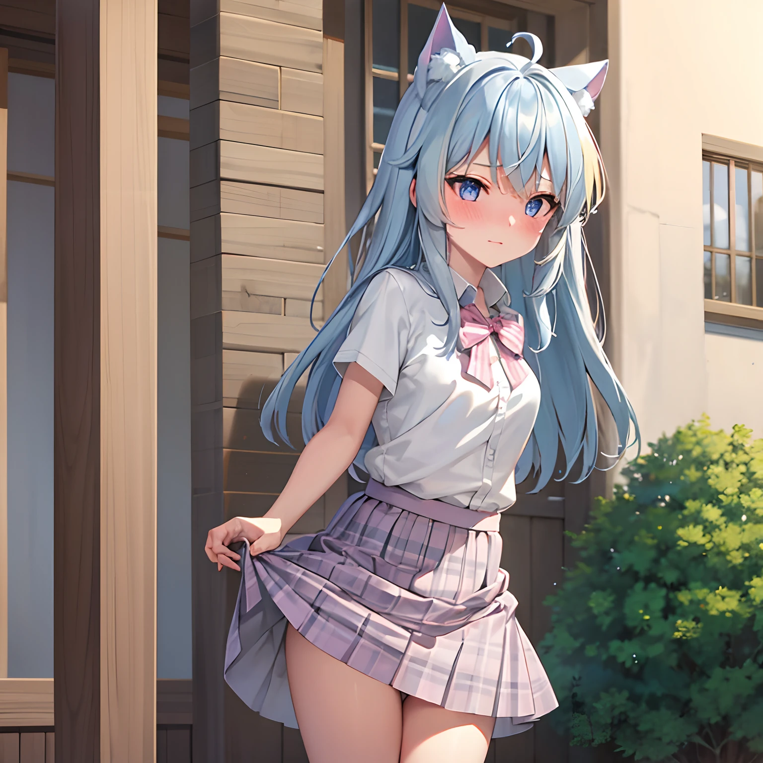 Masterpiece, blue hair, pink eyes, anime neko ears, white shirt, green plaid skirt, lifting skirt, showing striped panties, face blushed