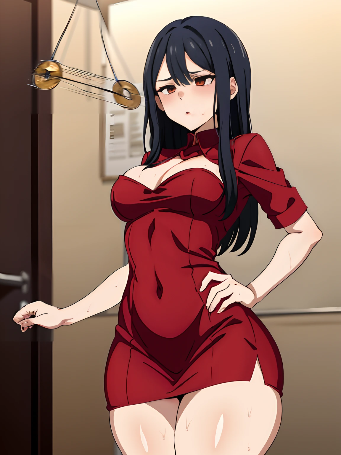 (coin), coin,1girl, woman, sexy, detailed, dazed expression, thick thighs, red dress, medium breasts,