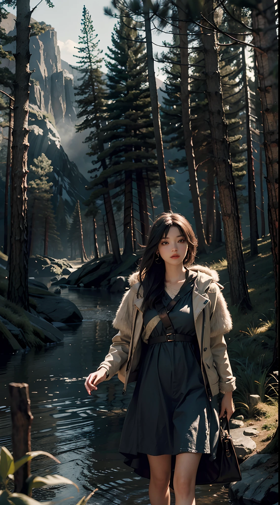 Best Quality, Masterpiece, Ultra High Resolution, (Photorealistic: 1.4), Original Photo, 1Girl, Dress, Cinematic Lighting, (Wilderness Escape: 1)