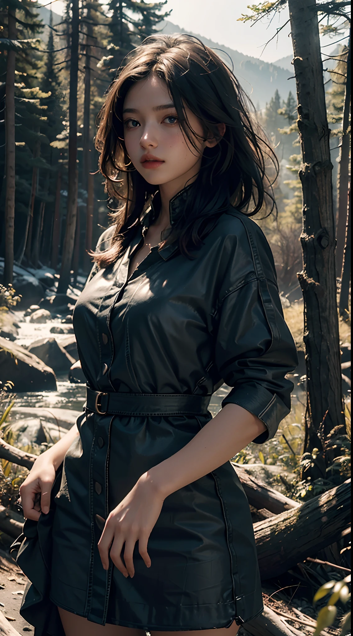 Best Quality, Masterpiece, Ultra High Resolution, (Photorealistic: 1.4), Original Photo, 1Girl, Dress, Cinematic Lighting, (Wilderness Escape: 1)