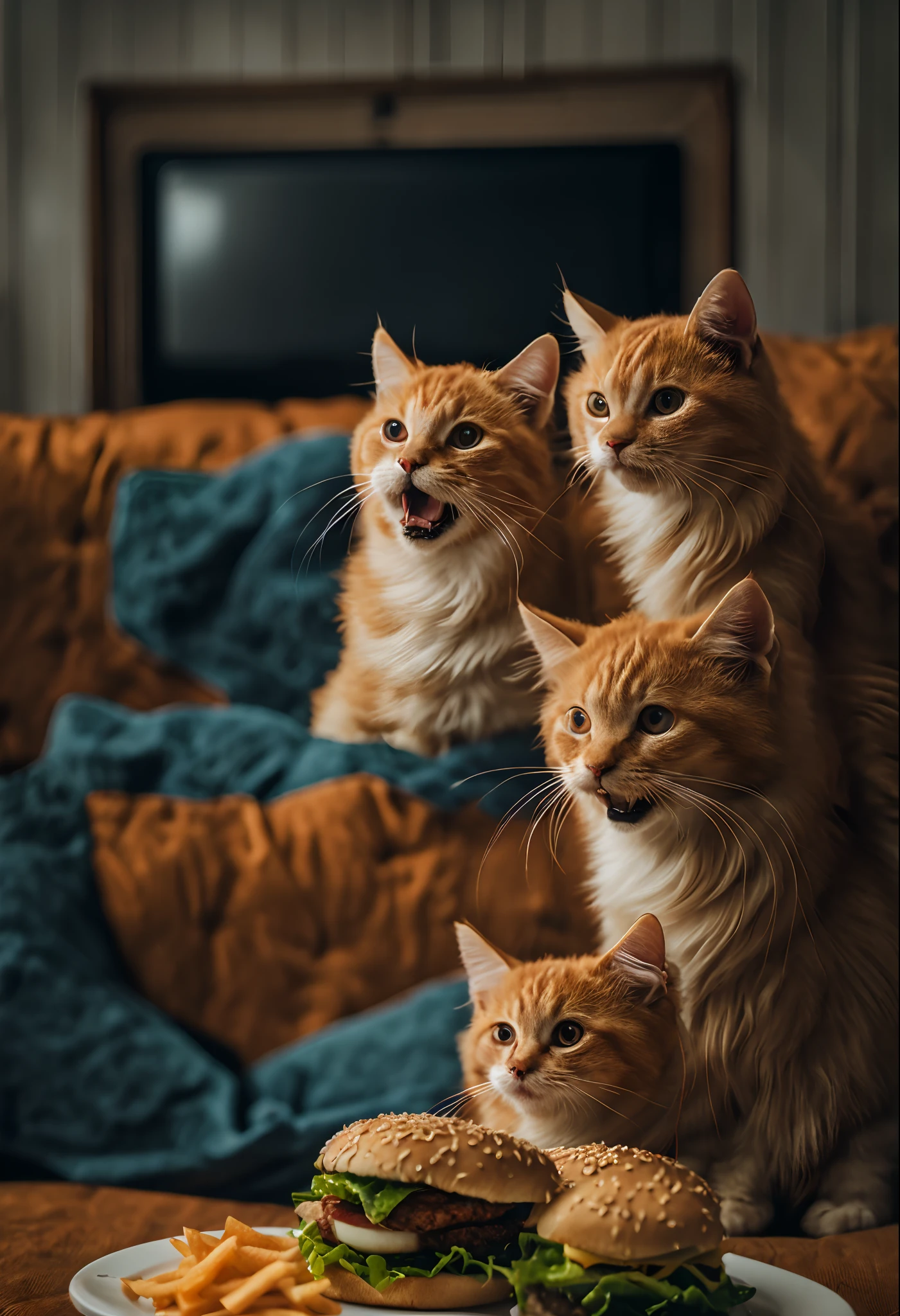 A photo of two orange cats sitting on a sofa watching TV while holding and eating burger, happy cat, laughing, 30mm lens, Low angle shot, Desaturated color grading, High Contrast cinematography effect, Tungsten light, light shadows, indie film, high quality, ultra detail, 8k,