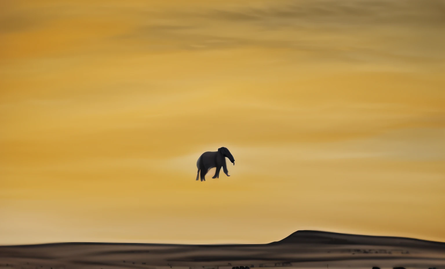 Painting of a horse and a bird flying in the sky in the distance, Flying elephants, author:Richard Pionk, bear, Atmosphere", Atmosphere", transient, At dusk, Witnessed, enviroment, evening at dusk, mammoth, Martin Emond, land, the sunset, At sunrise, sunraise, at twilight, an elephant