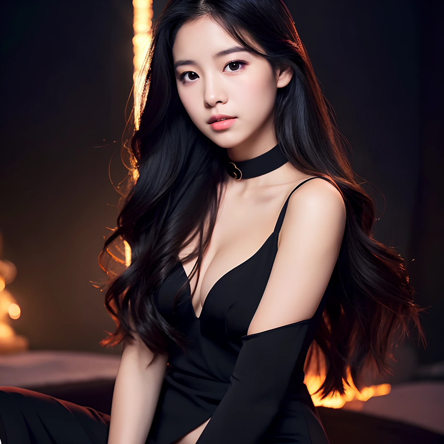 A young woman who is turning her side and looking at the camera.,long-haired,Black eyes,to reverse light,firelight,Black dress,Sexy outfits,