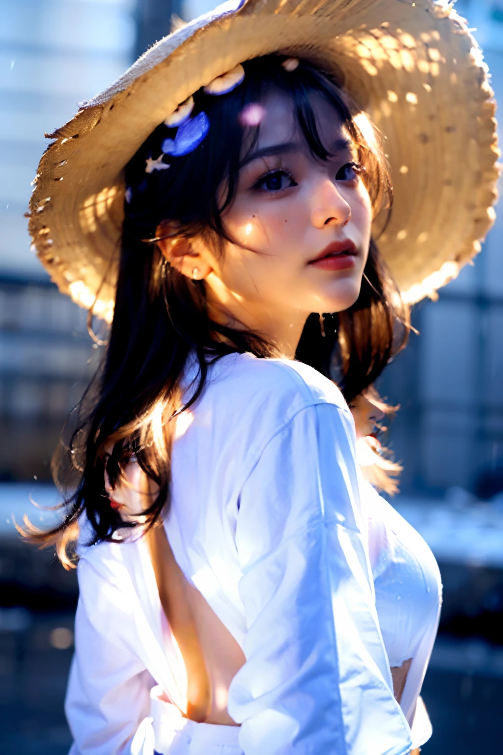 (extreme close - up:1.5)、
((Lateral face:2))、(1 soft_light:1.Girl Surrounded by 5)、(Back lighting:1.8)、(illuminating)、(Flowing cloth:1.3)、(Straw_hat:1.3))、
(masterpiece), realisitic, nffsw, high-detail, in 8K, Raw photo,
Ambient Occlusion、Natural and harmonious composition、Warm tones、fine-art photography、 (Raw foto),((no-bra) (Small and beautiful hard nipple) (Thin and moist to the length of the shirt)、(White shirt wet by rain))、Highly detailed facial and skin texture、 A detailed eye、(Photorealsitic), a beautiful detailed girl, extremely detailed eye and face, beatiful detailed eyes, ((Japanese girls' high school uniform)), ighly detailed, finely detail,a 18 year old girl:1、(An Asian girl:1,Full-body figure,((Crouch alone and look up to the heavens))),