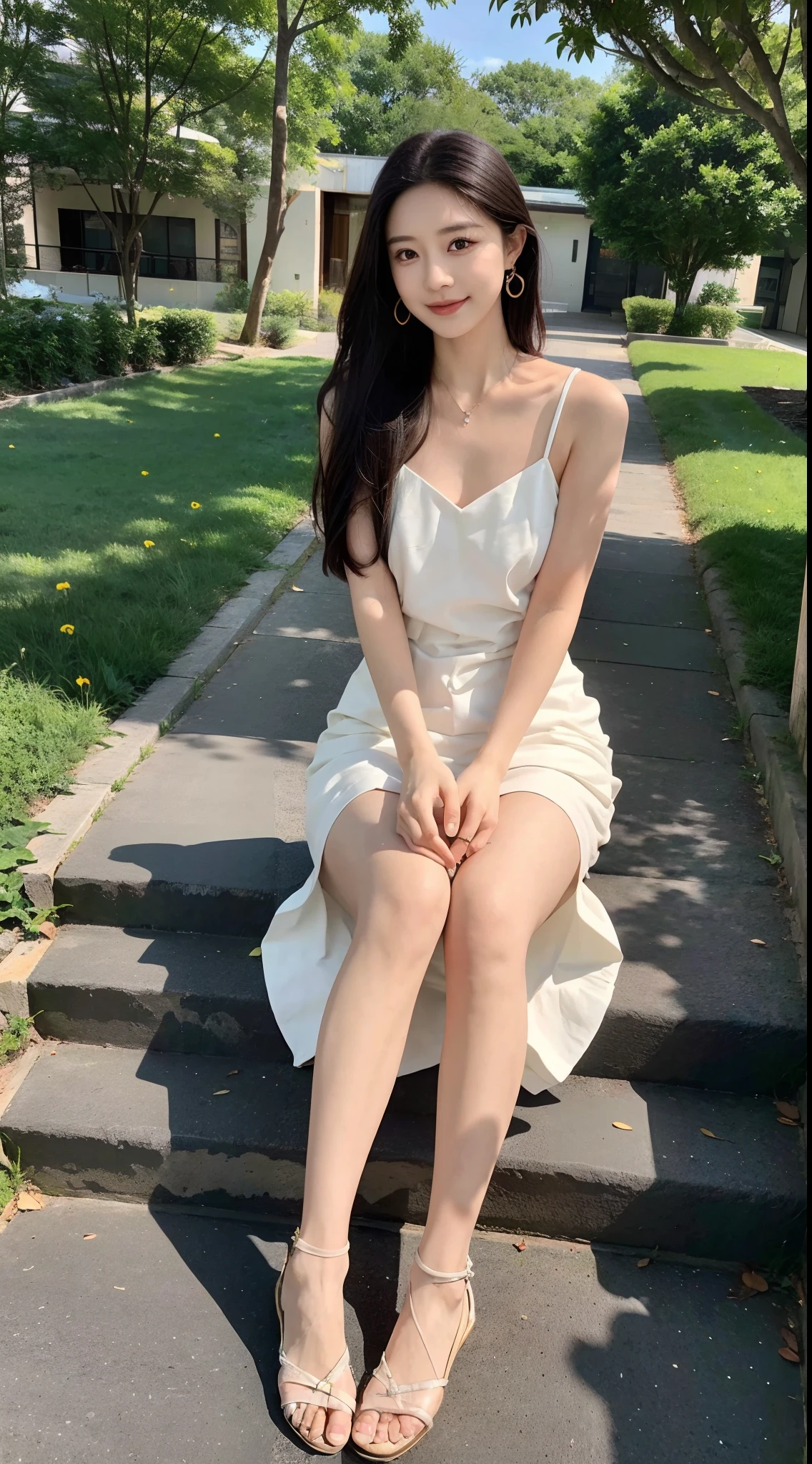 ,Masterpiece, Best quality,8K, 超高分辨率,Reallightandshadow,Cinema lenses,(beautidful eyes:1.1), ((中景 the scene is,The upper part of the body)),dynamicposes,On a green meadow,The gentle goddess came with gentle steps。She wore a white dress,A gentle breeze blows,The skirt dances lightly。The sun shone through the leaves in her hair,Reflecting her clear eyes and gentle smile。Colorful butterflies flutter around her,Flowers bloomed at her feet,It was as if nature was cheering for her。
