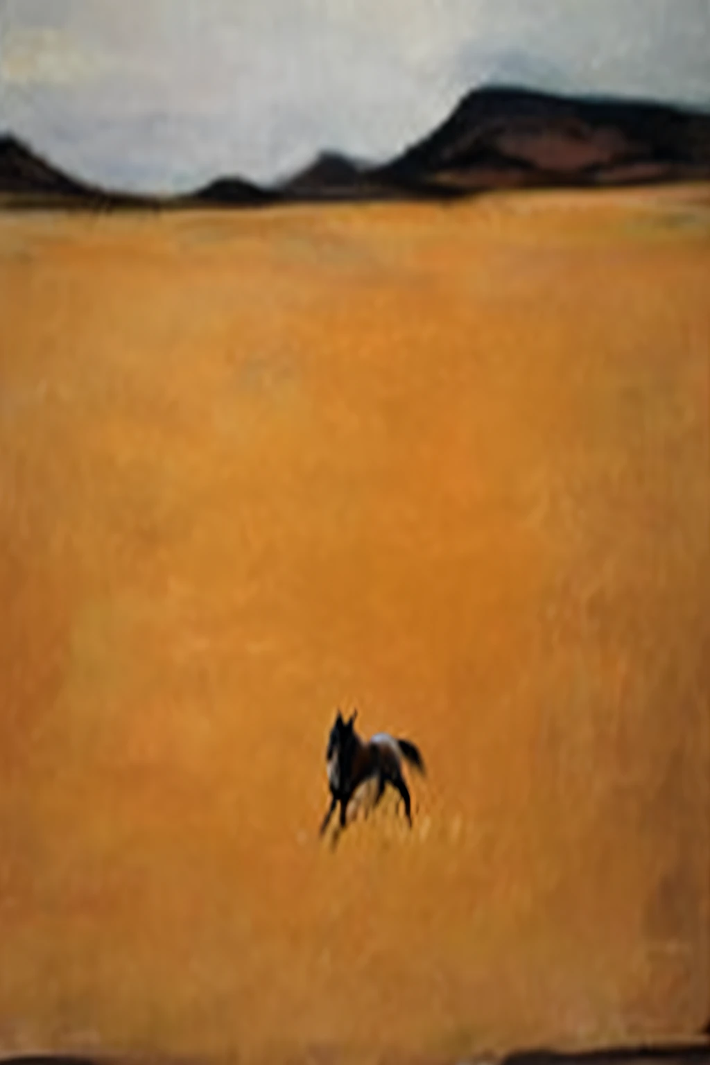 Painting of a horse running on a desert plain with sky background, Desert, cowboy, in a serene vast desert, cavalos, Thunder, sienna, transient, On the desolate plains, grass field, In the steppe, Spirit, author:Constance Kopman, Foxes fly over the landscape, Farming, Stride, Western art, galloping