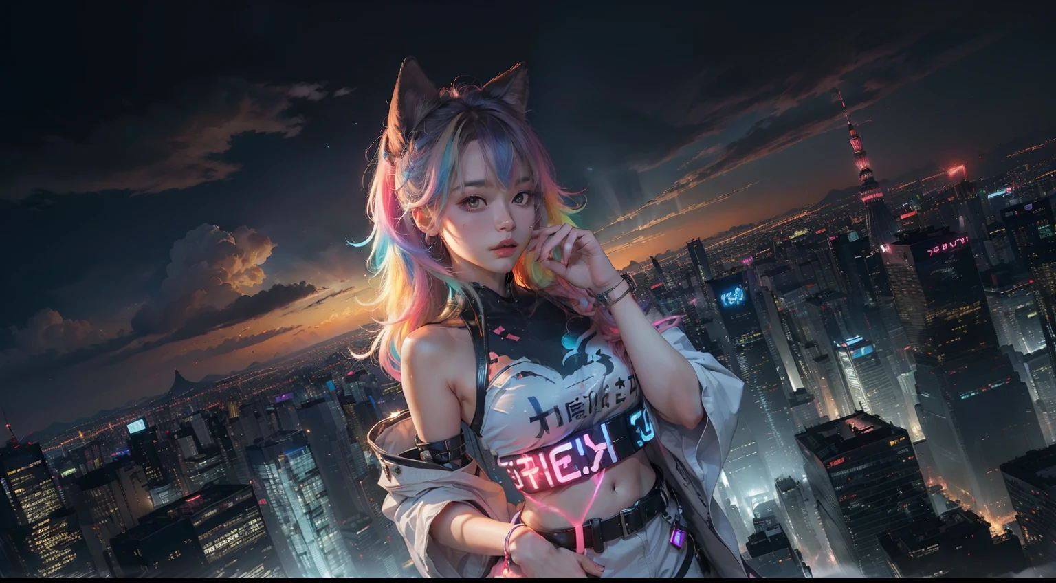 (realisitic,Photorealsitic:1.4),(1 Beauty:1.3),(beautiful countenance:1.5),Detailed shiny skin,A detailed eye,Precise hands and fingers,8K HDR, , ​masterpiece, (Dynamic angle footage),电影灯光, Finely drawn backgrounds,accurate fingers,(Tokyo in the middle of summer in the sky of cumulonimbus clouds,colorful neon,Multi-colored lighting,Sci-fi cityscape,Skyscrapers:1.3),Beautiful African,sports wear,Mesh color hair,Wolfhair,shopping street,Bold poses,small chest and slender body,