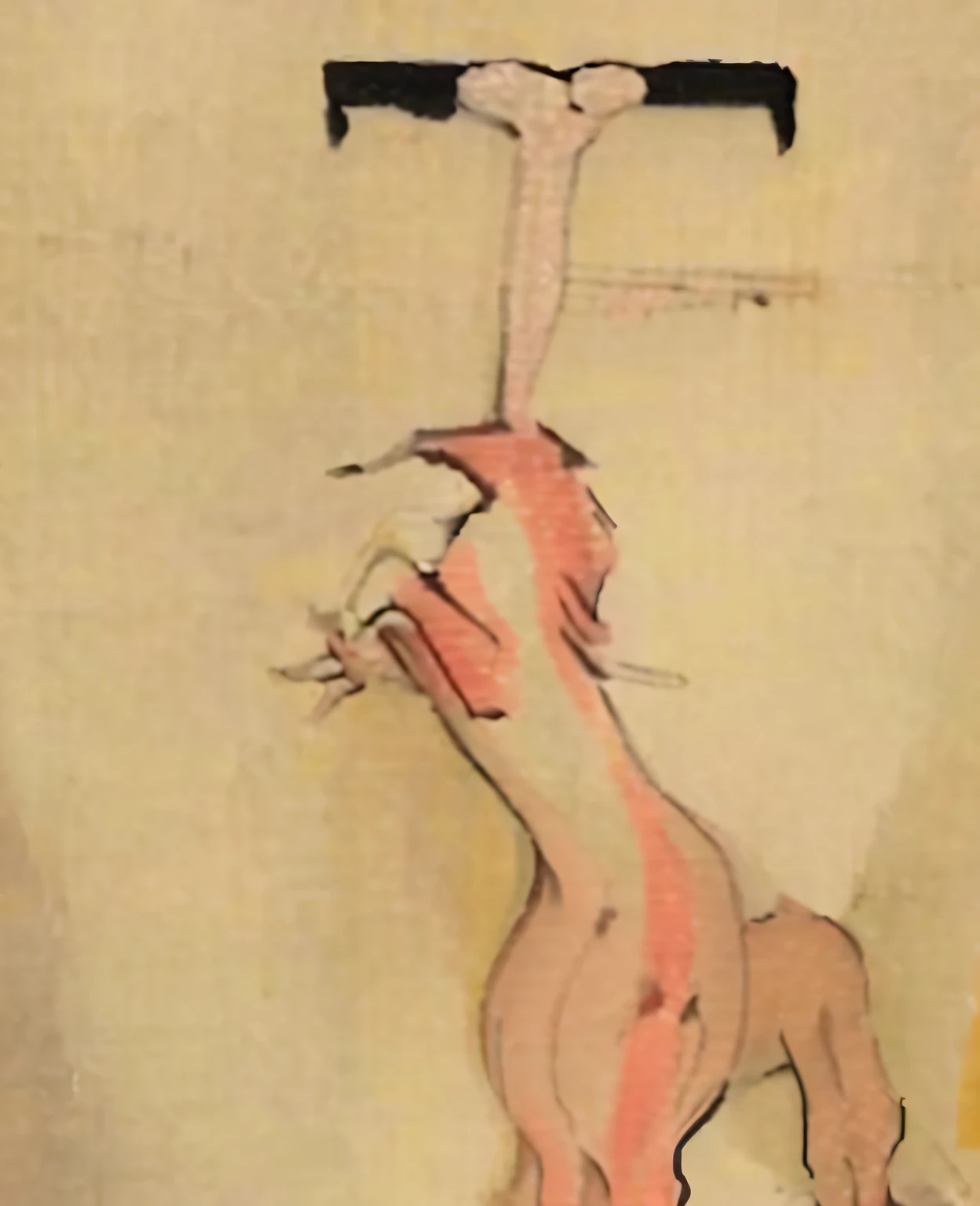 There is a painting of a horse with a long tail on the wall, horse is up on its hind legs, anthropomorphic horse, an ultrafine painting, centaur horse, author:Francis Picabia, Inspired by Martin Schonggaul, Inspired by Victor Brauner, Victor Brauner(Victor Brauner), author:Anthony Tapiies, centaur