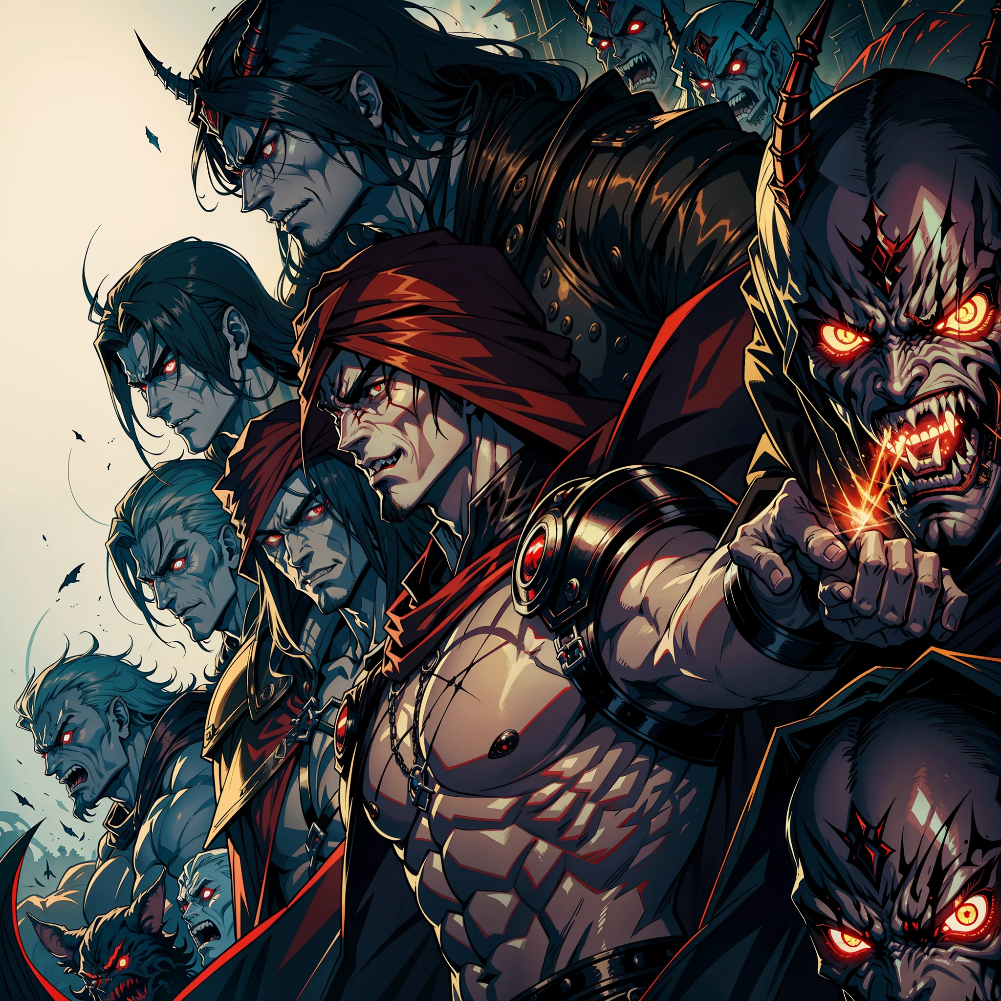 Castlevania Hyper Realistic Shadow Lord Super Detailed Dynamic Shooter Lord Dracula's centerpiece Medieval Arab Warrior with Red Turban Scary Face Hokuto No's muscular face structure Ken Kenshiro with Raoh surrounded by demons and 3 scary demons Speaking of old rolls
