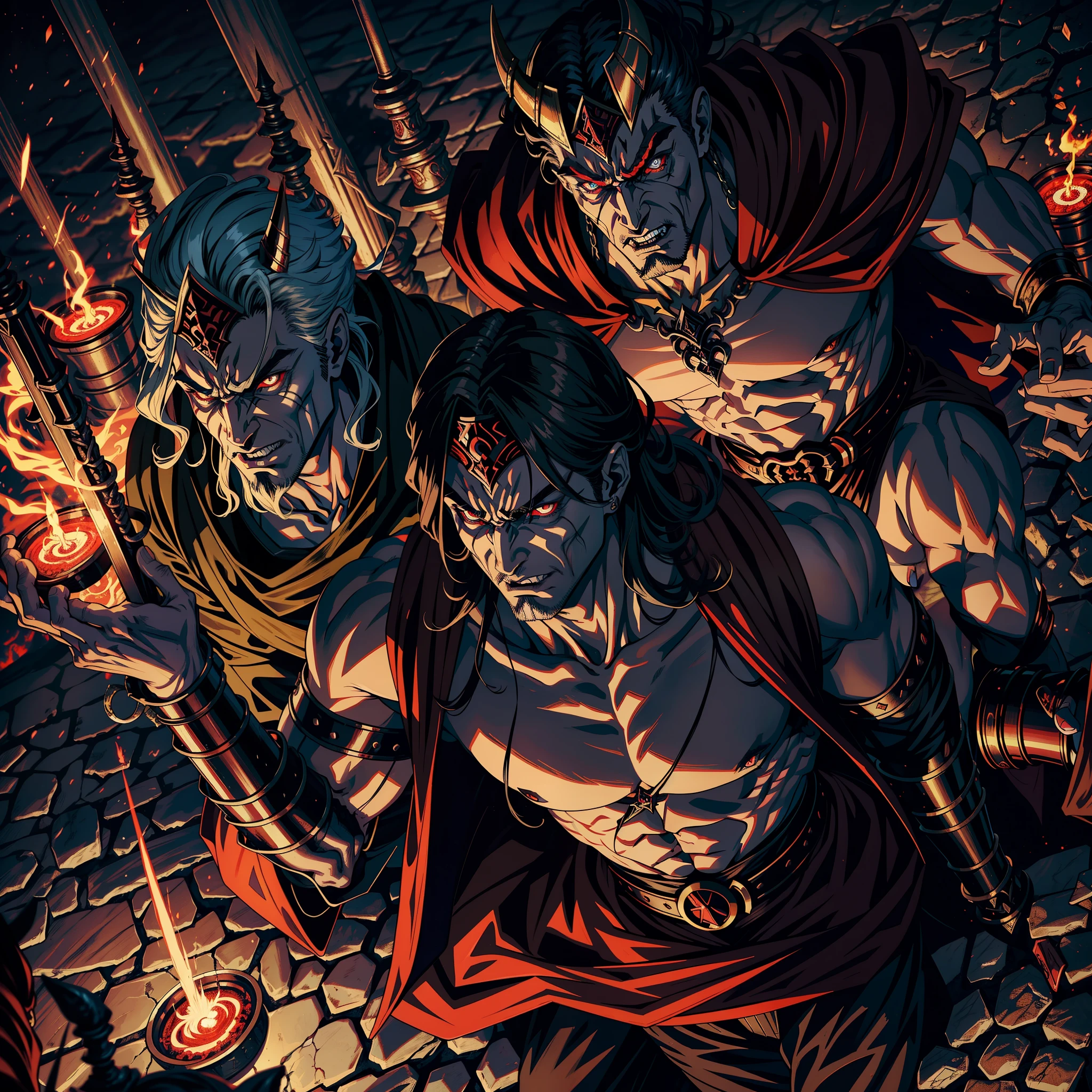 Castlevania Hyper Realistic Shadow Lord Super Detailed Dynamic Shooter Lord Dracula's centerpiece Medieval Arab Warrior with Red Turban Scary Face Hokuto No's muscular face structure Ken Kenshiro with Raoh surrounded by demons and 3 scary demons Speaking of old rolls