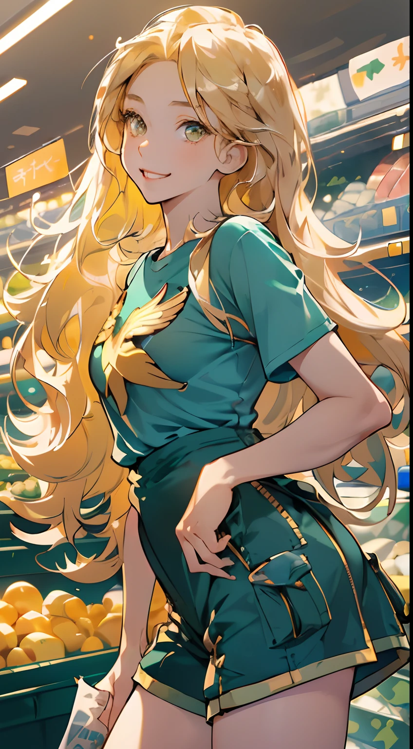 highres, ultra detailed, 1girl, solo, extremely detailed eyes, (Gold colored hair:1.5) ,long hair, (straight waist-length gold colored hair:1.5) ,(Anti-flash white-colored eyes:1.5) , ulzzang , she is wearing a (( Celeste colored Solid Color Overszie T-shirt :1.5)) ,((Teal colored Loosr Cargo Short:1.5)) ,simple streetwear , she wearing a Rich Black colored Gothic Lolita Boots , focusing on the face , (supermarket background:1.5) ,(( crowd)) ,look at viewer ,focus emotion , excited emotion , cute pose , close up view , cowboy shot , happy emotion , joyful emotion , ((choose goods)) , supermarket stalls , supermarket refrigerator