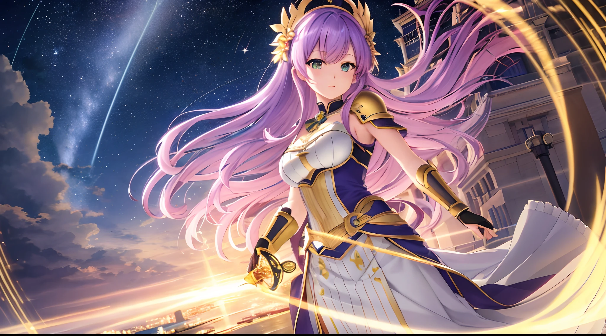 Athena with plain long light purple hair,hair between eyes,green eyes,rosy cheeks,full lips,thin eyebrows,slender body,wearing golden queen armor and golden crown and full long skirt,cute anime girl,full body,rivers reflecting stars in background,anime style,Lumen Reflections,Screen Space Reflections,Diffraction Grading,Chromatic Aberration,GB Displacement,Scan Lines,Ray Traced,Anti-Aliasing,FXAA,TXAA,RTX,SSAO,Shaders,OpenGL-Shaders, GLSL-Shaders,Post Processing,Post-Production,cell Shading,Tone Mapping,CGI,VFX,SFX,insanely detailed and intricate, 4K,standing, solo, masterpiece, best quality, detailed face, detailed eyes, highres, standing, solo,masterpiece, best quality