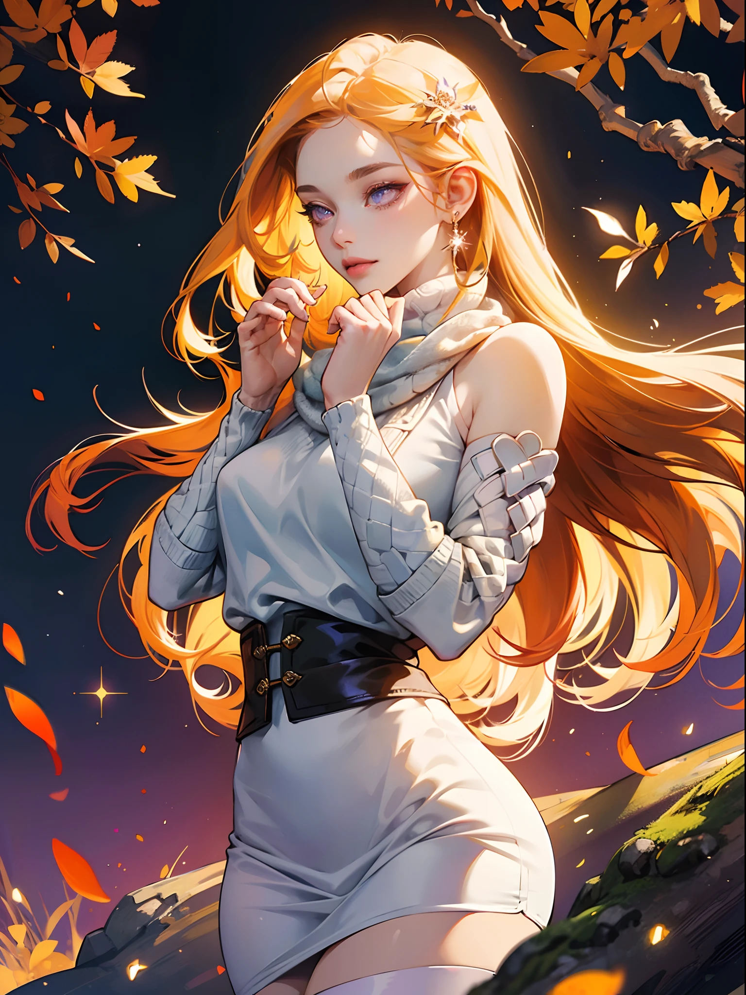 (masterpiece ,best quality,insanely detailed),insanely detailed,caustics,vibrant colors ,sharp focus,1 absolutely beautiful pale woman,orange long hair,purple eyes,light smile,(wear a scarf),close range,autumn park,white knit sweater,Nordic pattern,black leather pencil skirt,detailed and beautiful eyes,sparkle eyes,glossy lips, beautiful and detailed skin,hyper realistic, perfect anatomy ,perfect 5 fingers,attractive,amazing, super fine illustration