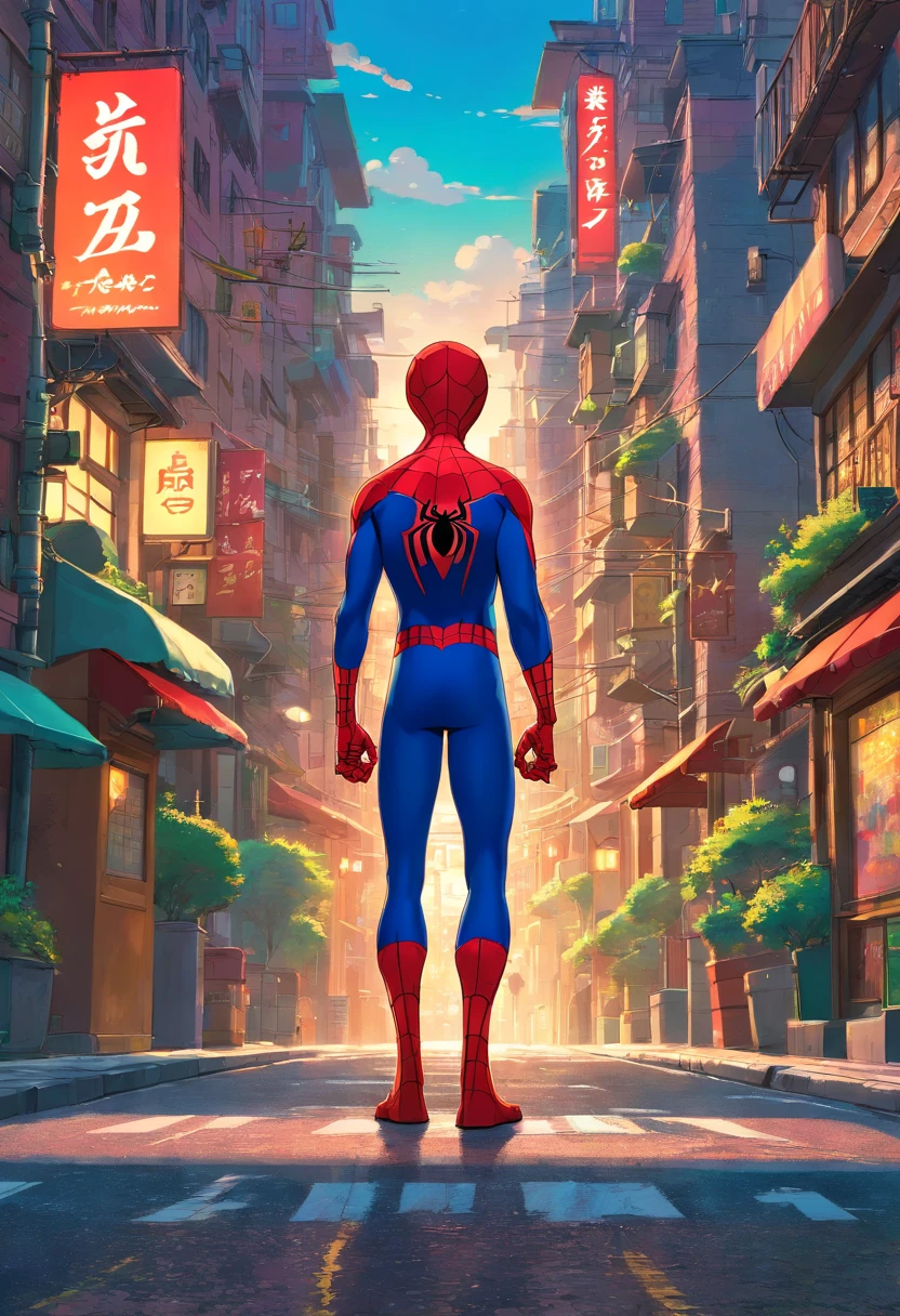 Spiderman standing in a street city road