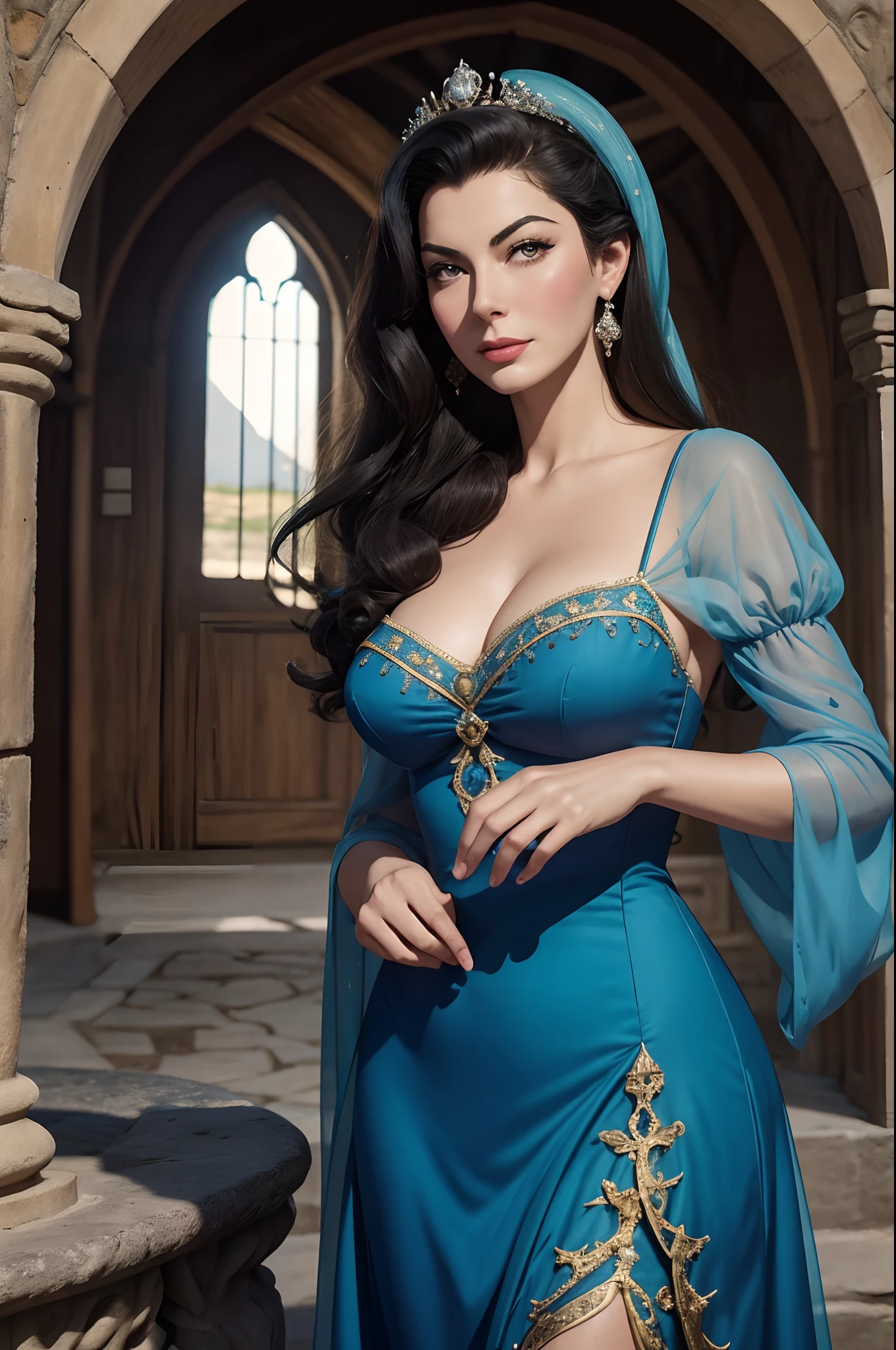 Ava Gardner, 29 anos, como a Personagem da Disney Branca de Neve, pele alva, facial expression of tenderness, cabelos pretos, Cabelos Longos, look-at-camera, classic dressed, vestido longo, vestido azul e vermelho, bordado, saia amarela, corselet azul, mangas longas, medieval palace, raios de sol, Mola 100 mm, abertura de diafragma 2.8, imagem detlhada