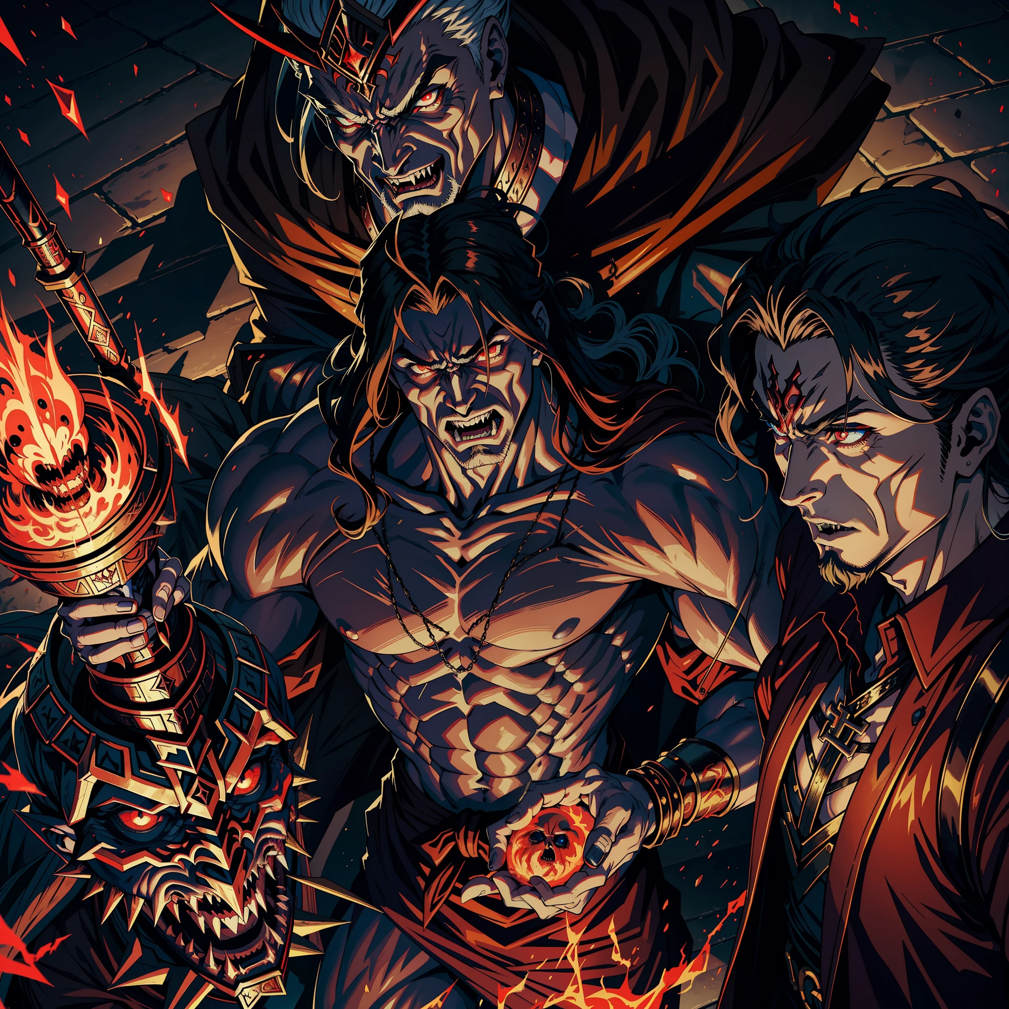 Castlevania Hyper Realistic Shadow Lord Super Detailed Dynamic Shooter Lord Dracula's centerpiece Medieval Arab Warrior with Red Turban Scary Face Hokuto No's muscular face structure Ken Kenshiro with Raoh surrounded by demons and 3 scary demons Speaking of old rolls
