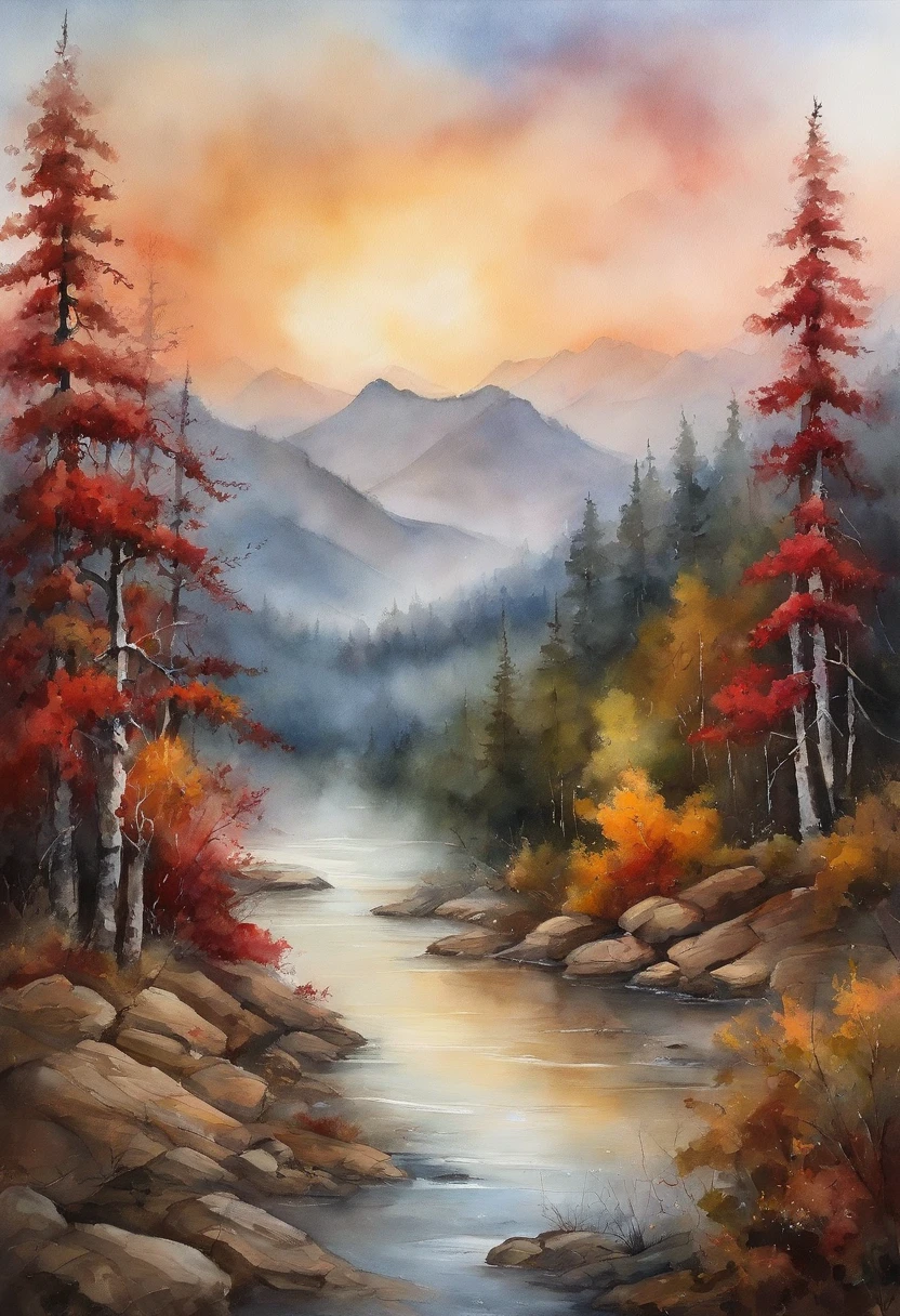 Overlooking the Red Mountains，The layers of the forest are full of dye；The river is clear，A hundred ships compete for the tide。