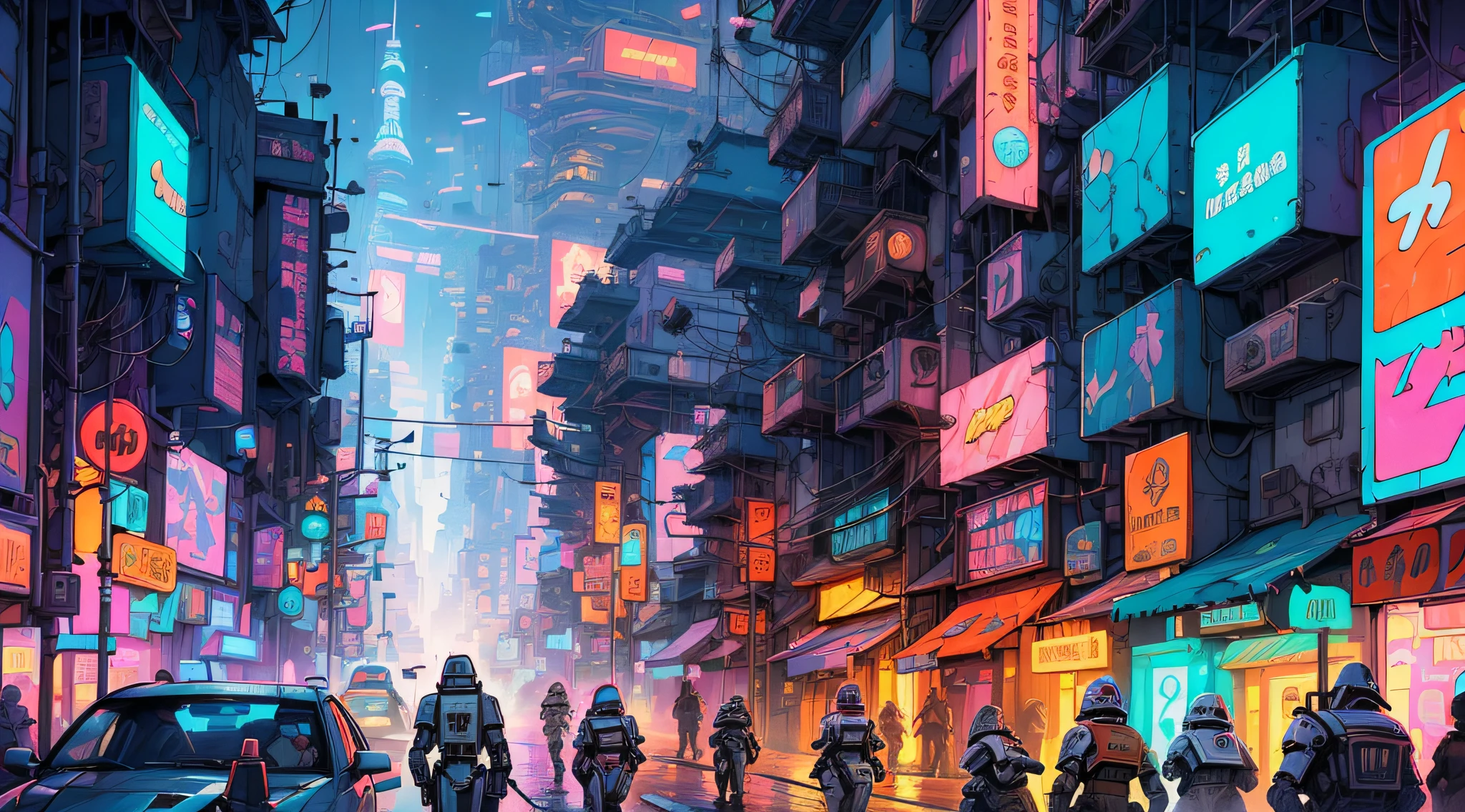 Future City,Tokyo,cyberpunk,(Neon Signs),(Intricate:1.3),Cyberpunk Night,Masterpiece,(Droids:1.3),(Mechs:1.5),RGB,Cyberpunk City Sci-Fi Movie,(Bridge),Cables,Super Detailed,High Quality,Super Detail,Crazy Details , highly detailed, Epic composition, Best quality, 32K,Futuristic city with neon lights and futuristic streets, Neon City in the background, Futuristic street, Futuristic city street, Neon City, City environment cyberpunk, Neon megacity in the background,Cyberpunk city street, Futuristic urban background, in a futuristic cyberpunk city, Sci-fi Cyberpunk City Street,(prostitute area: 1.3), (prostitutes on the street: 1.3)