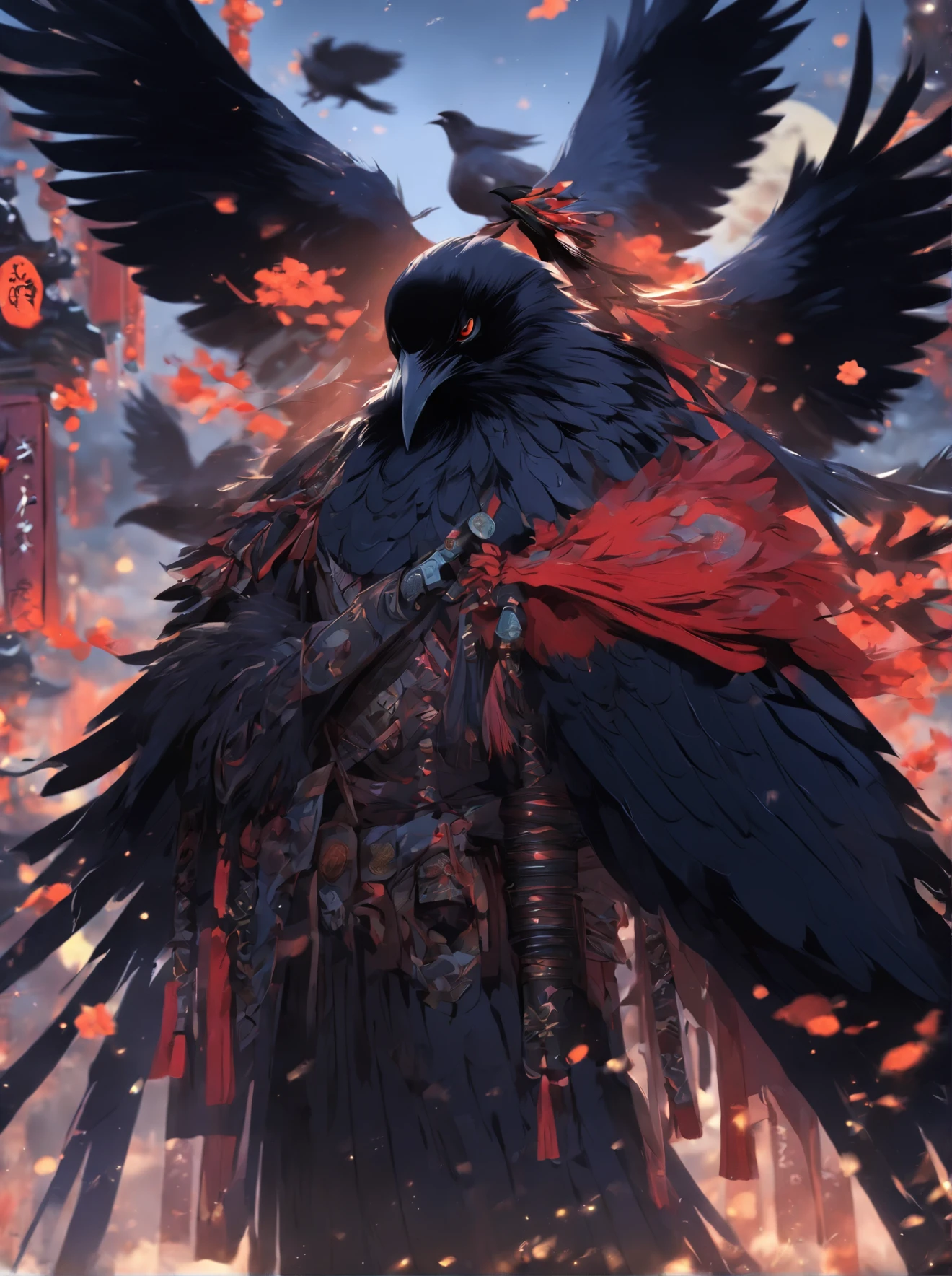 Raven Tengu, traditional japanese concept art,Chinese mythology,Anthropomorphic crows,Black wings,nigh sky,Spear in hand