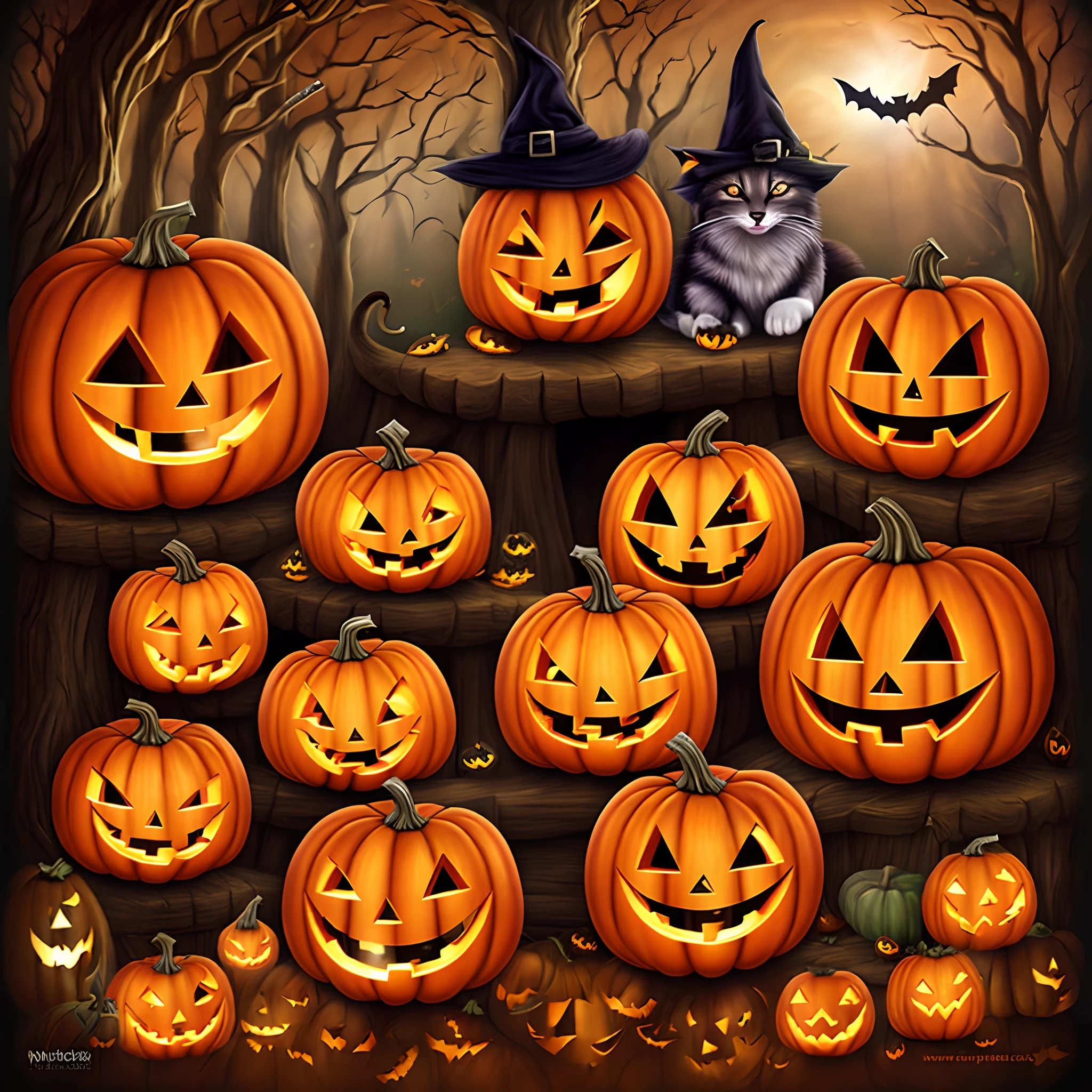 Pumpkin with face, Halloween, wolf, cat, witchy