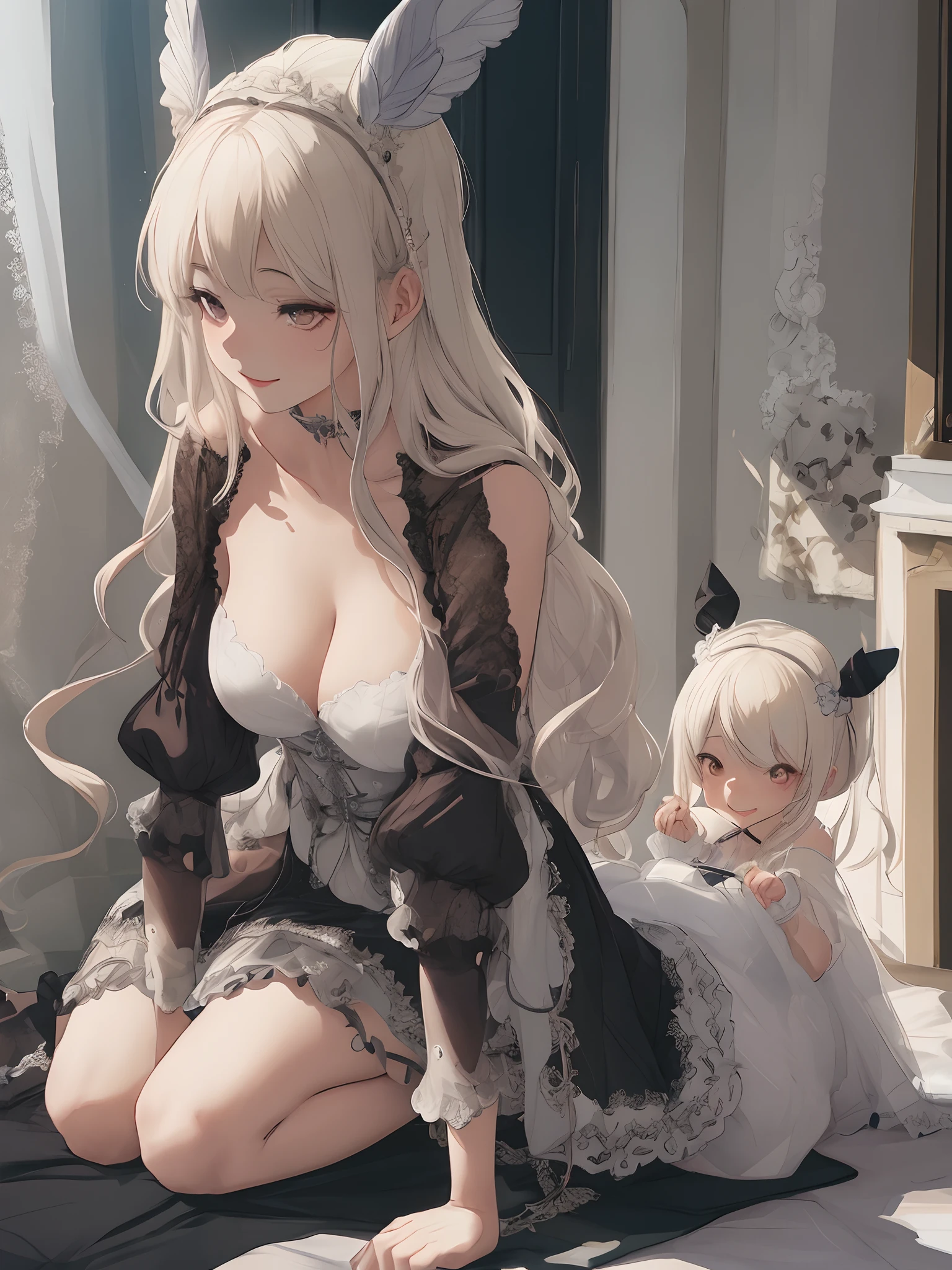 top-quality、realistic touch, Mothers with 、large full breasts、Sheer costumes、skirts that are too short、Not wearing underwear、big eye、long lashes、Long upper eyelashes、platinum-blonde、cute little、Beautie、A sexy、darkened room、full body Esbian、submissive look、Submissive smile、Flushed cheeks、Kamimei、Big buttocks、thin-waist、Stick your butt out on all fours、Sleeveless、visible from the side、Sexy armpits、Voluptuous thighs、Enraptured look