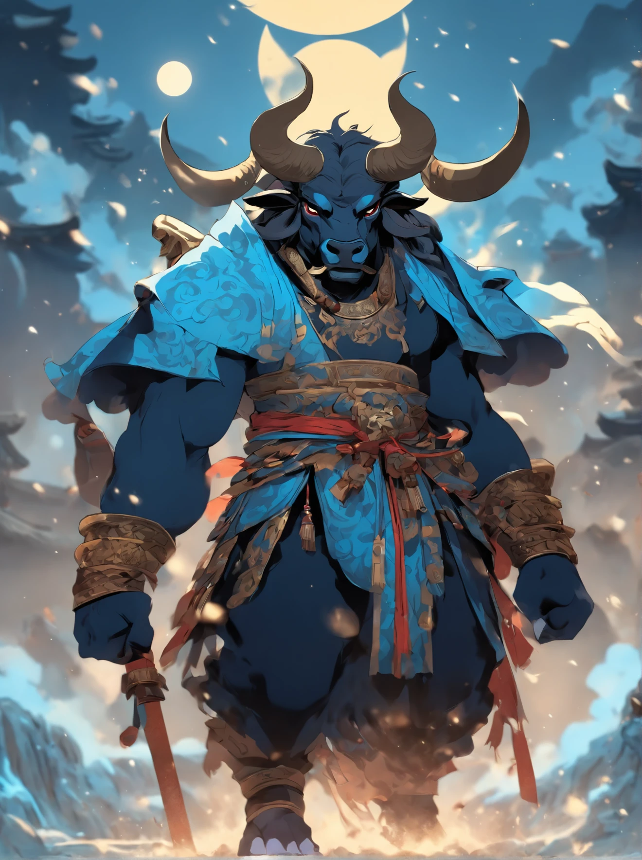 Minotaur in Greek mythology，Wearing Chinese armor，He wears a blue robe over his armor，Inspired by the Classic of Mountains and Seas，cow head，cow horn，armor，Long-handled weapon，longspear，moon bull samurai, Anthropomorphic samurai cow，Traditional Chinese concept art，black bull samurai，asura from chinese myth