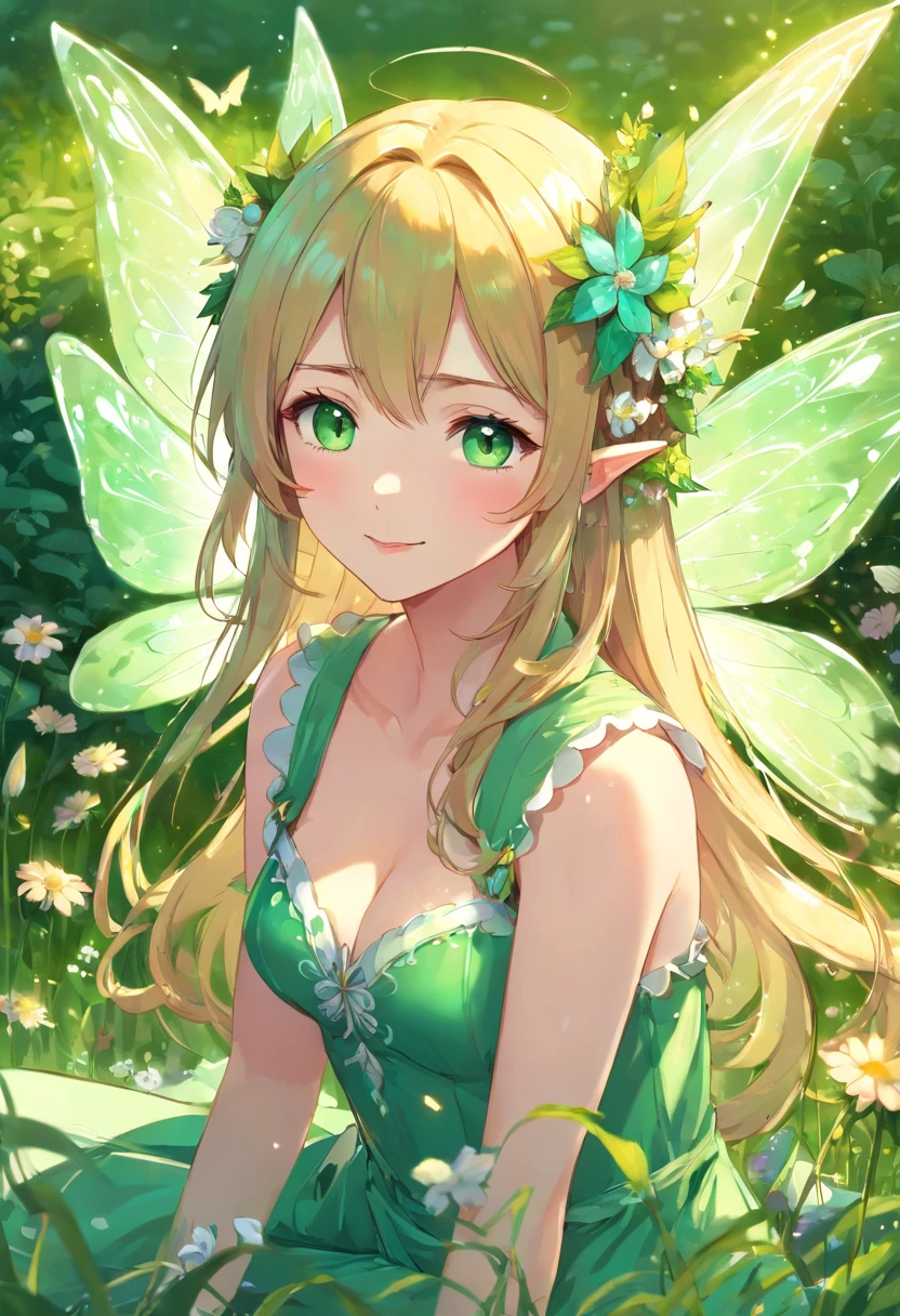 Meisterwerk, High quality, best qulaity, beautifully, perfekte Beleuchtung, detailliertes Gesicht, detailed body, (女の子1人), nur, (langes Haar), Emerald green eyes, medium boobs, (langes Feenkleid mit offenem Ausschnitt:1,4), (shiny dress:1,2),( Shiny Fairy Wings:1,3), smil, full-body, magischer-fantasie-Wald, A girl with long hair and green wings sits in the grass, Smiling like a princess of fairies, Beautiful fantasy anime, Extrem detaillierter Artgerm, Feen Prinzessin des Sommerwaldes, Anime-Fantasy-Kunstwerk, elf girl, Waldfae, beautiful anime girl, Waldfee, Fanart Beste ArtStation, seductive anime girl, Anime Goddess Long Hair, Ultra-detailed emerald green eyes, volle Lippen, medium breast The picture shows a beautiful flower fairy, umgeben von vielen verschiedenen Blumen. The flowers are about the size of butterflies and surround the fairy like a living carpet of flowers. The fairy herself is a beautiful girl with a slender figure. On her back she has transparent, shiny and beautiful wings, die an einen Schmetterling erinnern. The fairy carries a bouquet of flowers in her hands and sits on a large flower, fliegen leuchtende Schuppen in der Luft herum. Der Hintergrund des Bildes ist sehr detailliert und realistisch gestaltet. Es gibt viele kleine Details wie Grashalme, Petals and even single raindrops on the flowers. Die Haut der Fee ist super detailliert und hat einen leichten Glanz. The overall image style is slightly grainy, um einen filmischen Effekt zu erzeugen. Es gibt einen leichten Blendenfleck, which makes the picture look even more magical. The shadows in the picture are also cinematic and create a wonderful atmosphere, Stellen Sie sich das Bild vor, that you want to have in anime art style