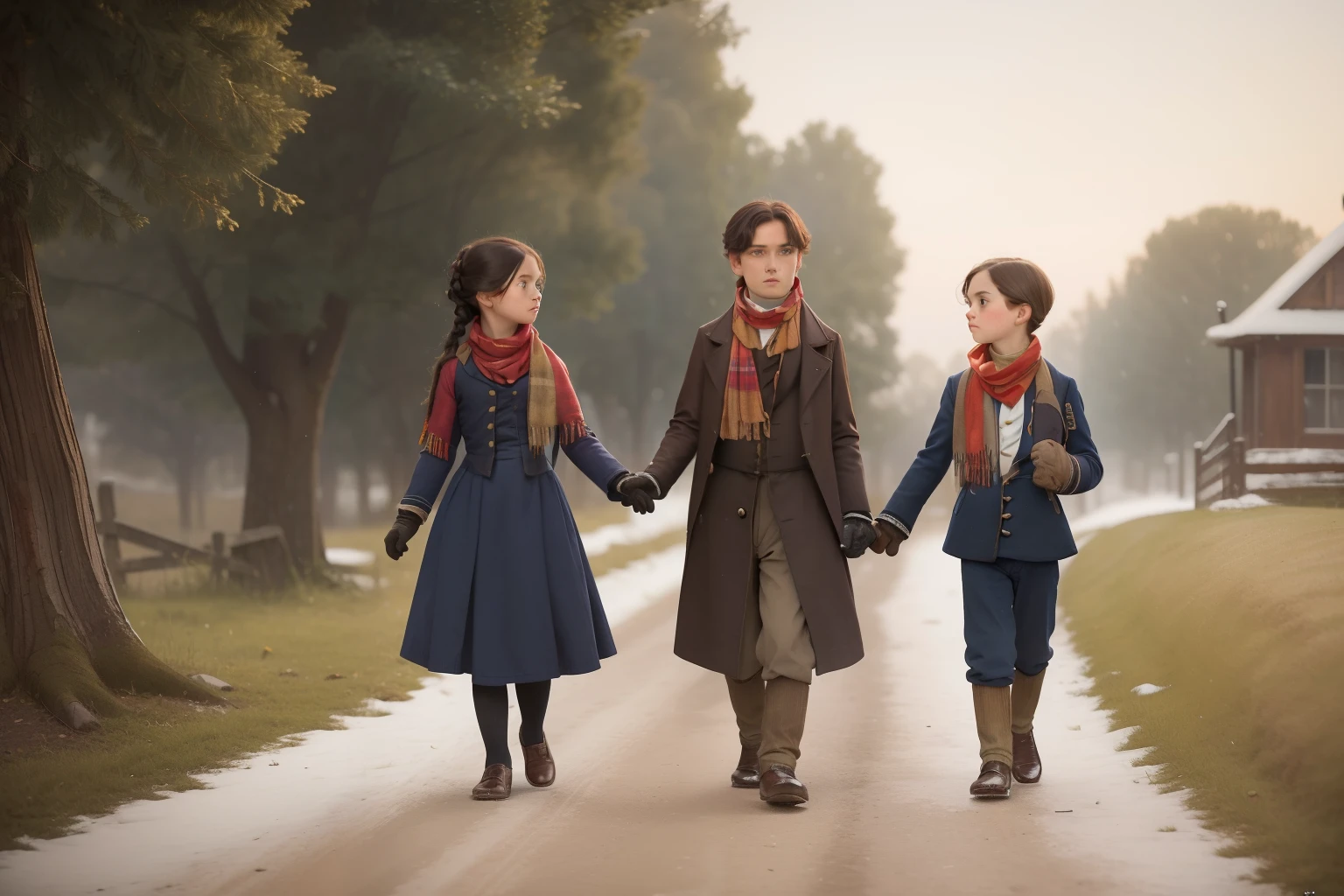 year: 1852. Location: Rock Island, Illinois. Pre-Raphaelite scene with 13-year-old boy and girl, and a 9-year-old boy, chatting on their way to school, winter snow, ((((casual Clothing from the 1850s, scarf and gloves)))) ((Hairstyle of the 1850s)), ((("OMITB" cinematography)))