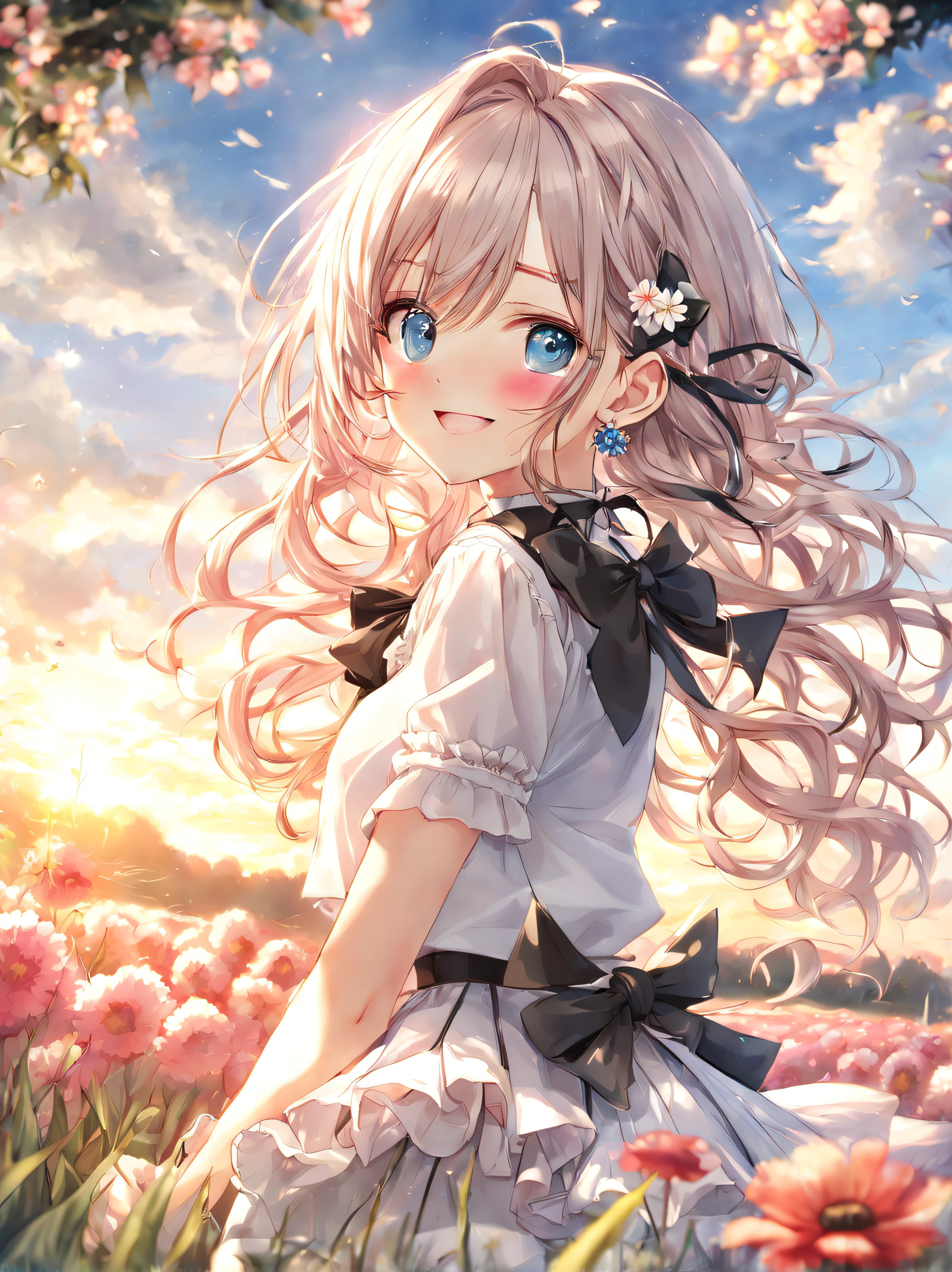 face focus, cute, masterpiece, best quality, 1girl, flower, solo, blue eyes, outdoors, skirt, smile, hair ornament, looking at viewer, jewelry, earrings, short sleeves, shirt, petals, skirt hold, bangs, frills, hair flower, blush, white shirt, sky, white hair, tree, cowboy shot, bow, sunset, black skirt, black bow, parted lips, standing, field, bowtie, breasts, pink flower, cloud, red flower, grass, flower earrings, long hair, center frills, frilled shirt, collared shirt, medium hair, black bowtie, floating hair
