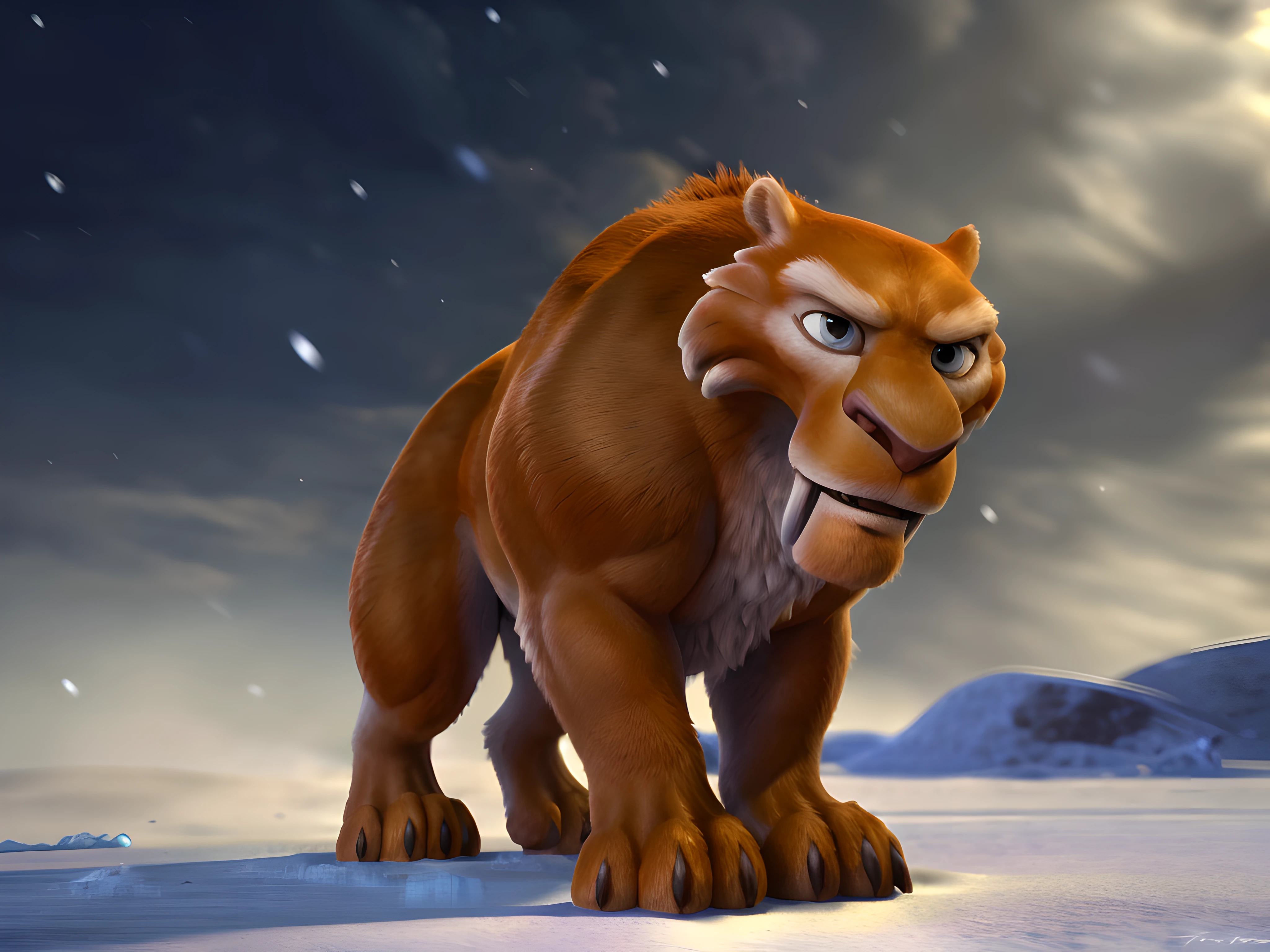 diego, diego ice age, 4k, high resolution, best quality, posted on e621, solo, (feral, feral body:1.3), feral smilodon, male, adult, masculine, (very muscular, biceps, muscular legs, strong:1.1), (pectorals, strong chest, muscular chest:1.4), (arctic background, snowing:1.2), (by taran fiddler:1.0), (by echin:0.6), (detailed eyes:1.0), (feral anatomy, feral proportions, big paws:1.0), (realistic shading, detailed cgi, 3D render, pixar, detailed fur:1.2), (full body:1.2),