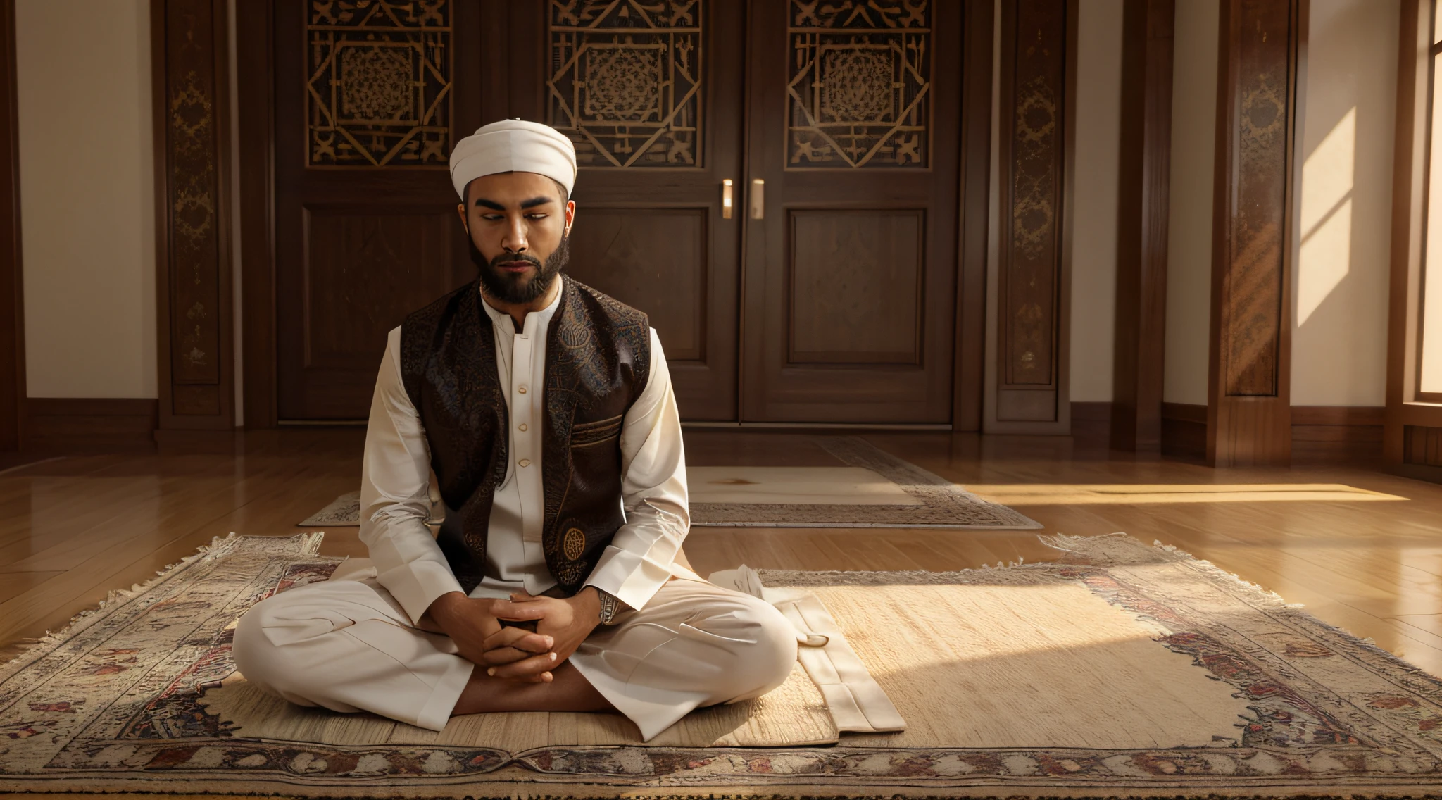 Design a lifelike 3D model of a young Islamic man, approximately 21-22 years old. The model should reflect his youthful appearance, including a well-groomed beard. He should be dressed in traditional Islamic attire, wearing a white Kufi prayer hat (takke), a long white thobe, and perhaps a dark-colored vest. The attire should be modest and in accordance with Islamic tradition.

The young man should be sitting on a beautifully designed prayer mat, positioned in a humble and devout manner and the prayer mat should feature intricate Islamic geometric patterns. His eyes should be closed in concentration and devotion as he raises his hands in dua, showing his connection to God through prayer.

The scene should be illuminated with soft and warm lighting, creating a serene and spiritual atmosphere. The lighting should emphasize the young man's state of devotion and sincerity in his supplication.

The 3D model should capture the essence of a devout Muslim youth engaged in his spiritual practice, making a heartfelt dua. The details should convey a deep sense of spirituality, faith, and connection to his Creator.