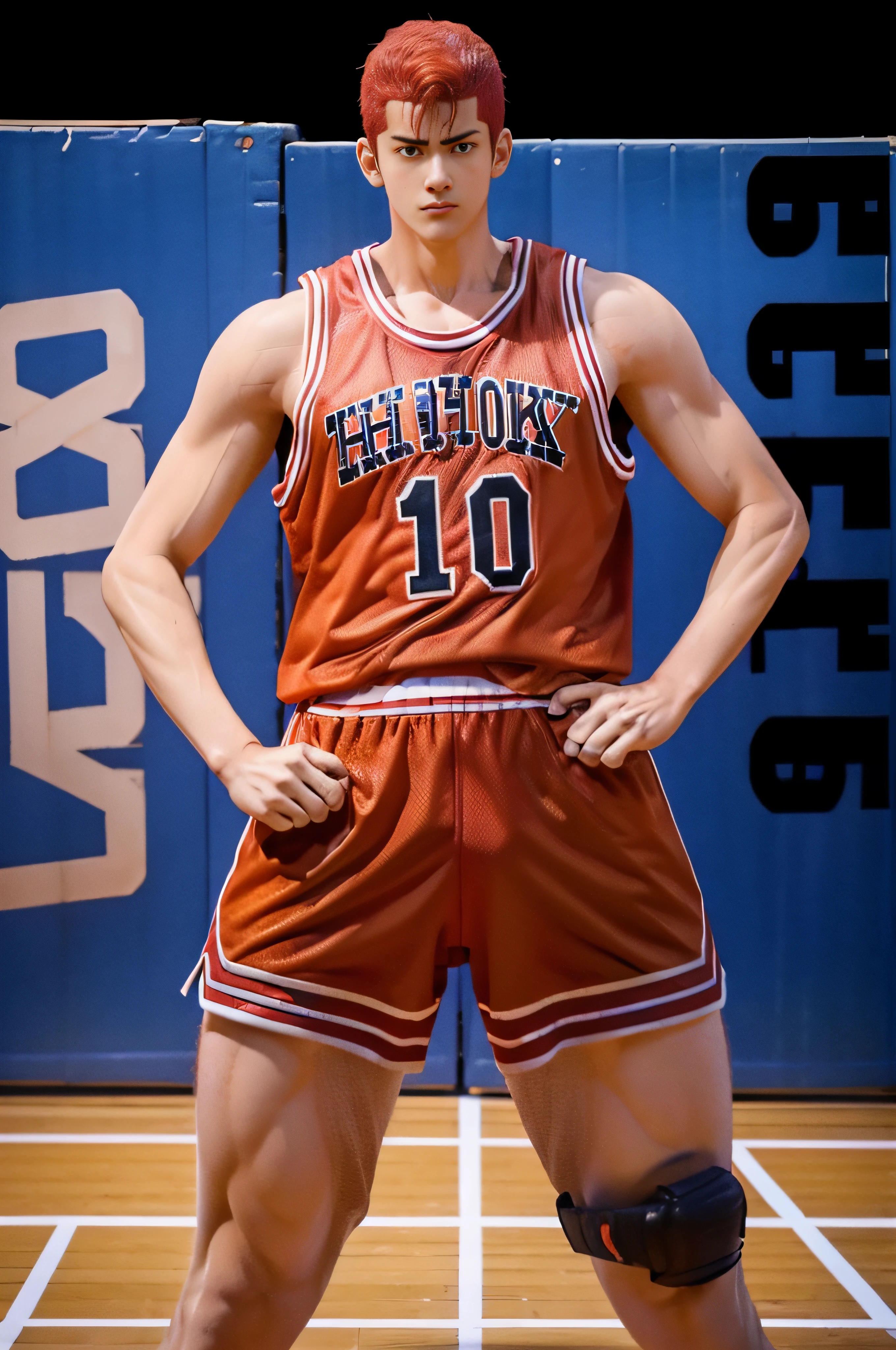 Sakuragi Hanamichi，redheadwear，basketball playground，Photos during exercise，Red basketball costume，red short，Masculine，musculature，basketball ball，whitestocking，athletic sneakers，are standing，rich facial detail（（The crotch is raised））