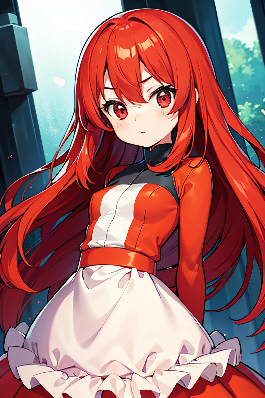 Charmander Cosplay、A pokémon、s girl、hight resolution、top-quality、Delicate hair、red hairs、red clothing、Arms fold behind your back、Red eyes、Medium hair、loimu