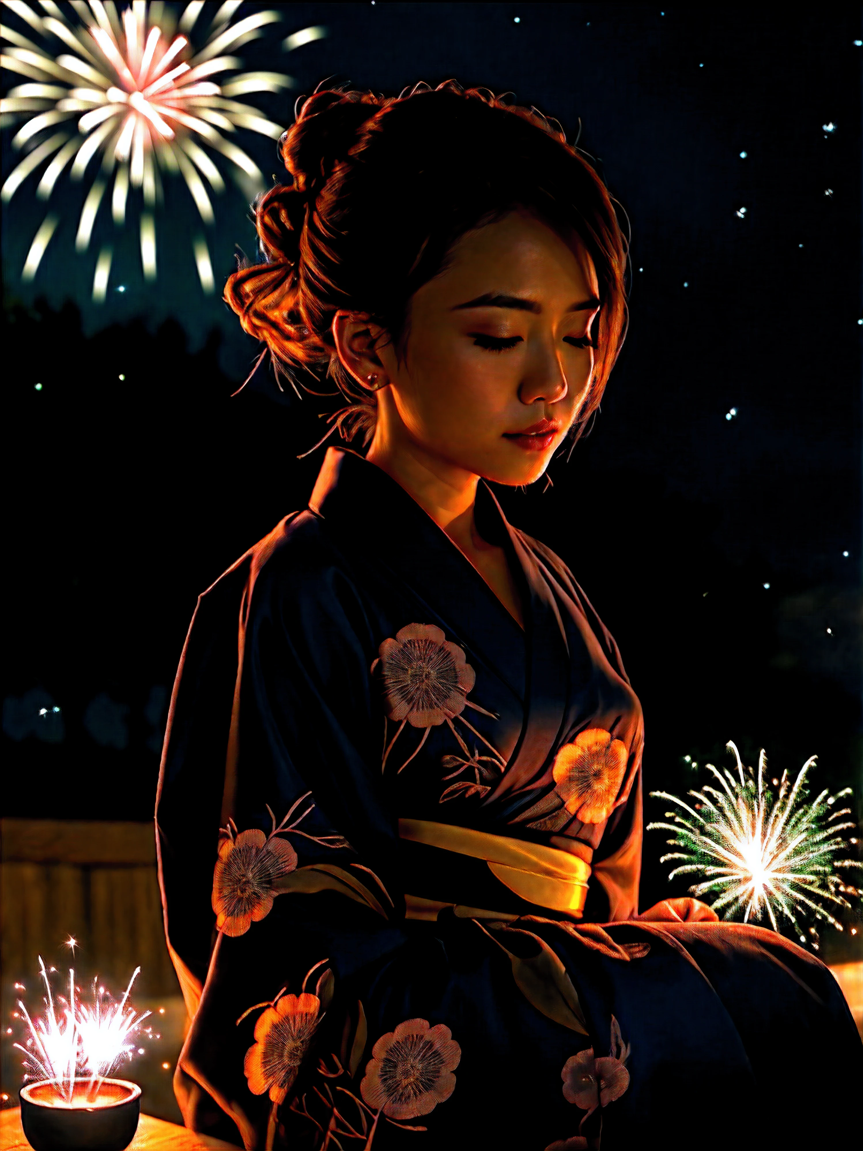 Masterpiece, best quality, intricate details, high details, unity 8k wallpaper, ultra-detailed, aesthetic, cinematic lighting, (photorealistic), (realistic:1.3), (realistic body:1.2),
ung wife, (plain yukata), (updo hair), close eyes
(((night:1.4))), (dark:1.2), erotic, (fireworks), sitting,