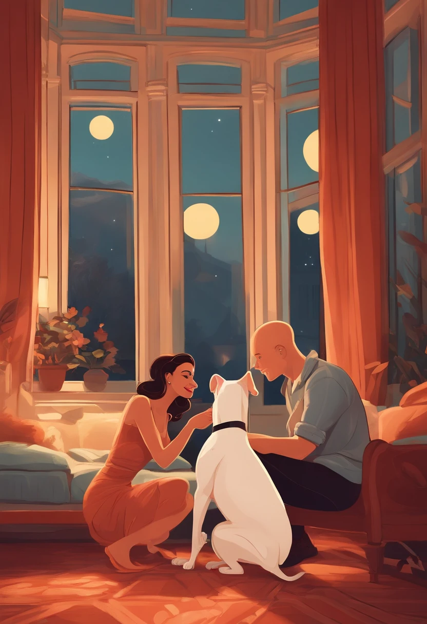 Disney-inspired cartoon illustration: In a room illuminated by the soft light of evening. 25 years old bald man and curly woman couple joyfull playing with bullterrier.